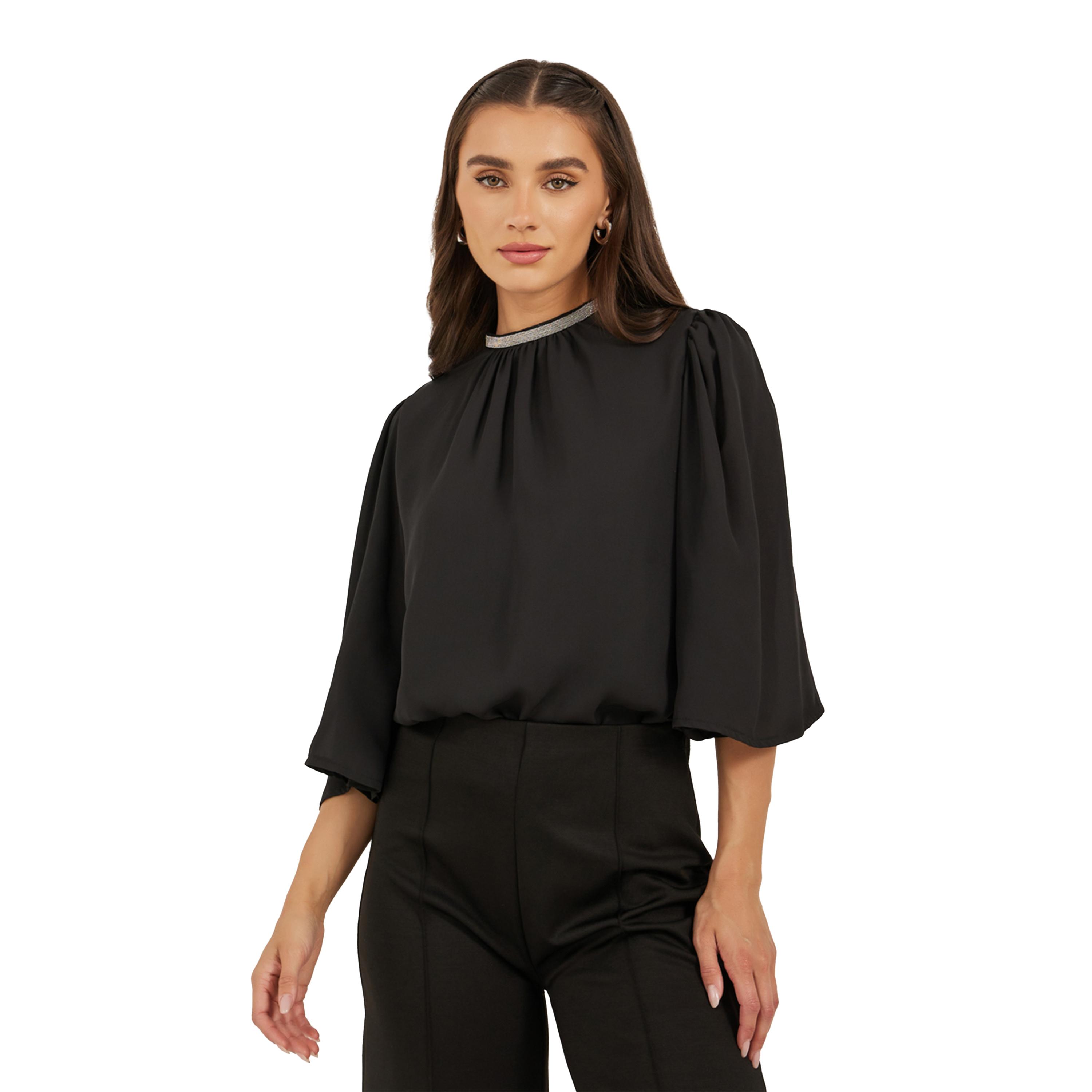 ستايلي - بلوزة بأكمام ملاك واسعة وفتحة رقبة مزينة-women-clothing-shirtsandblouses-blouses-image-1