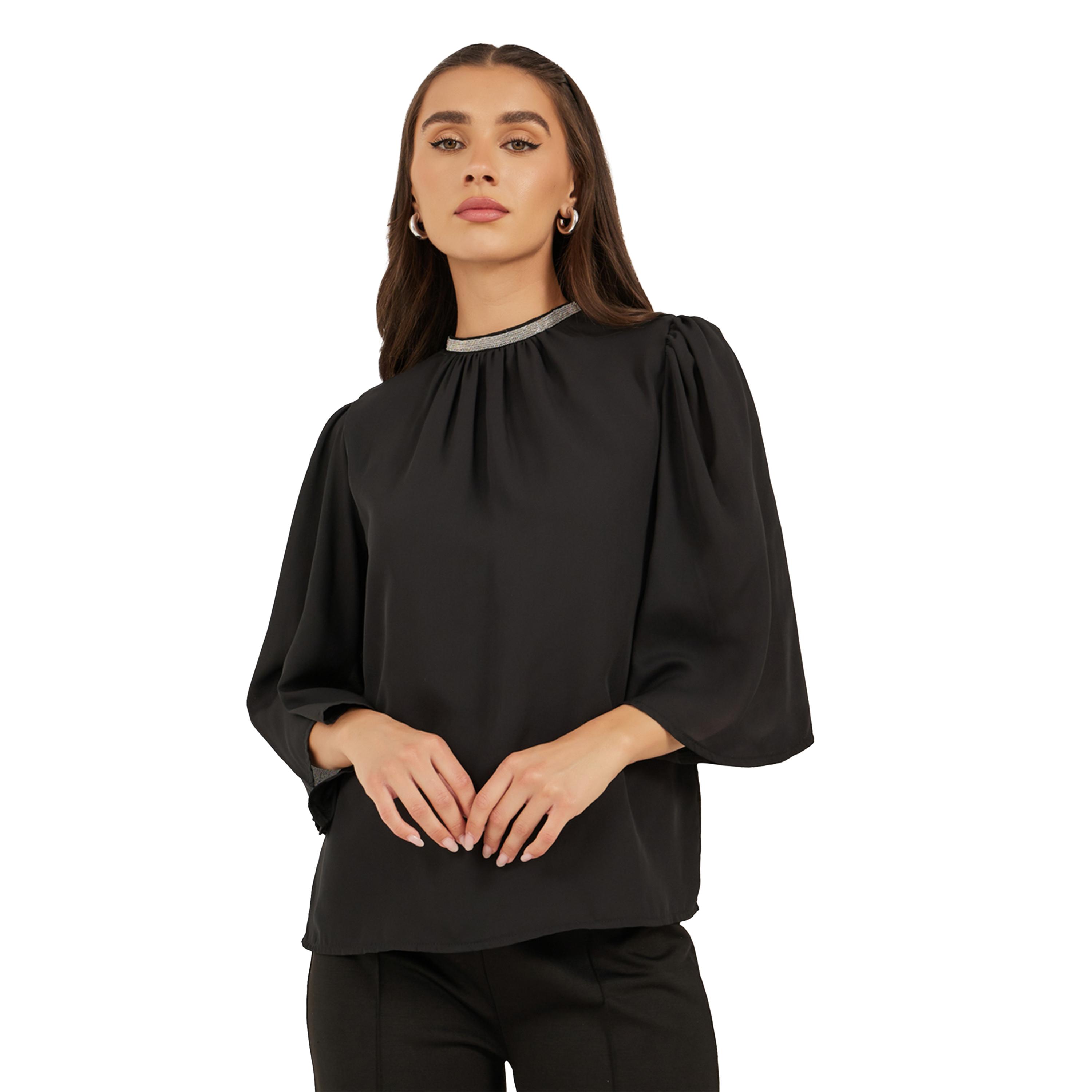 ستايلي - بلوزة بأكمام ملاك واسعة وفتحة رقبة مزينة-women-clothing-shirtsandblouses-blouses-image-2