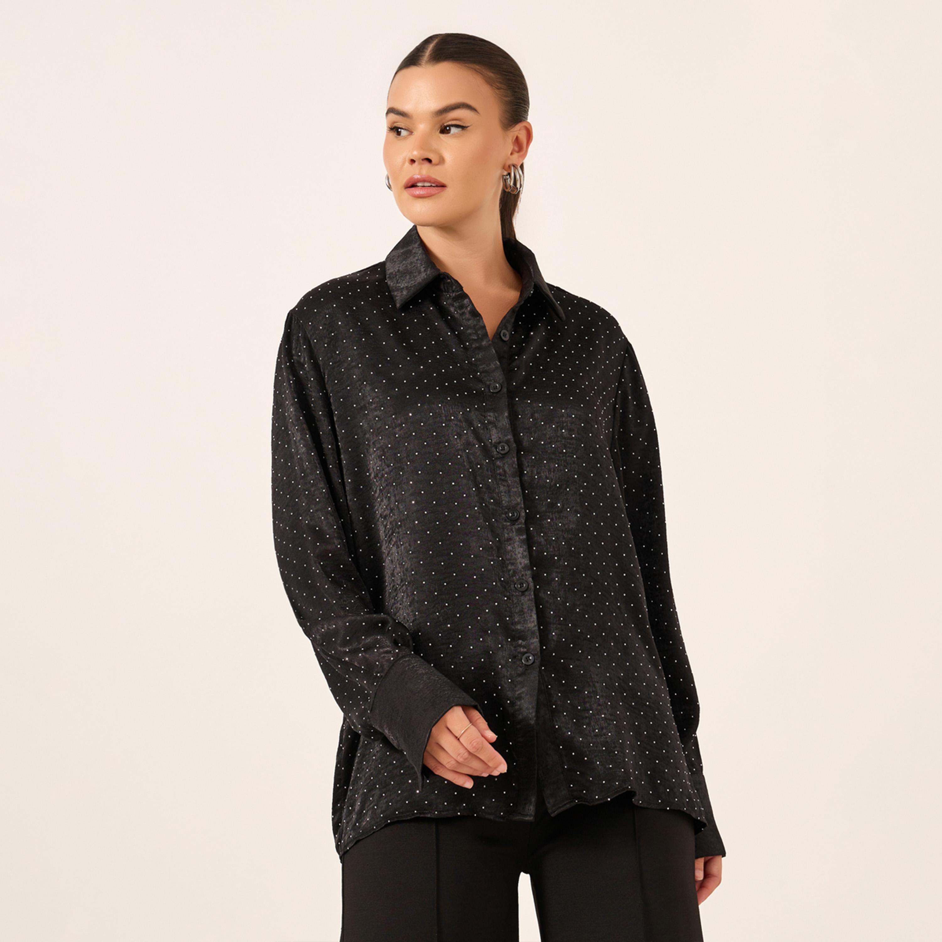 Styli Embellished Collared Long Sleeves Oversized Shirt-women-clothing-shirtsandblouses-shirts-image-1