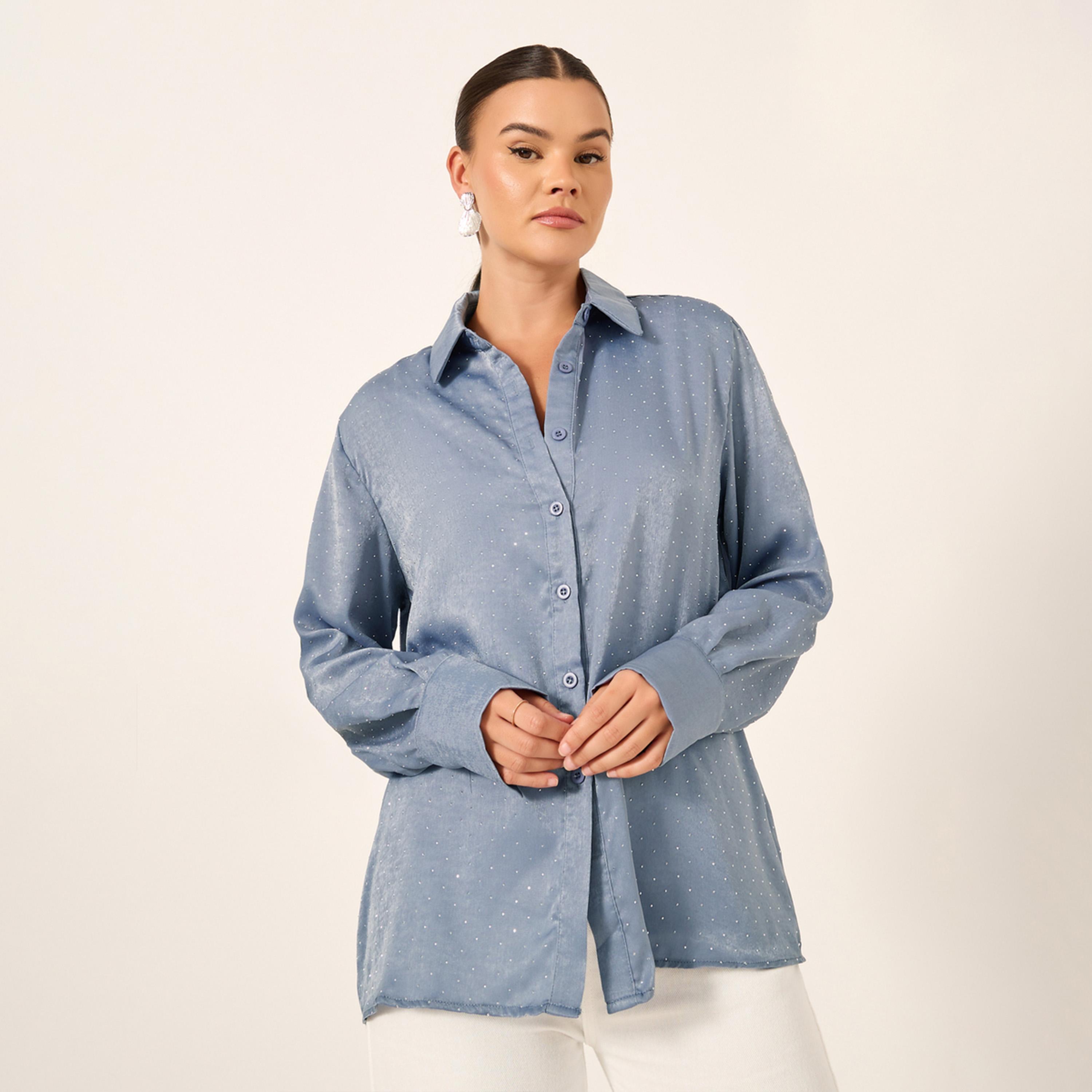 Styli Embellished Collared Long Sleeves Oversized Shirt-women-clothing-shirtsandblouses-shirts-image-1