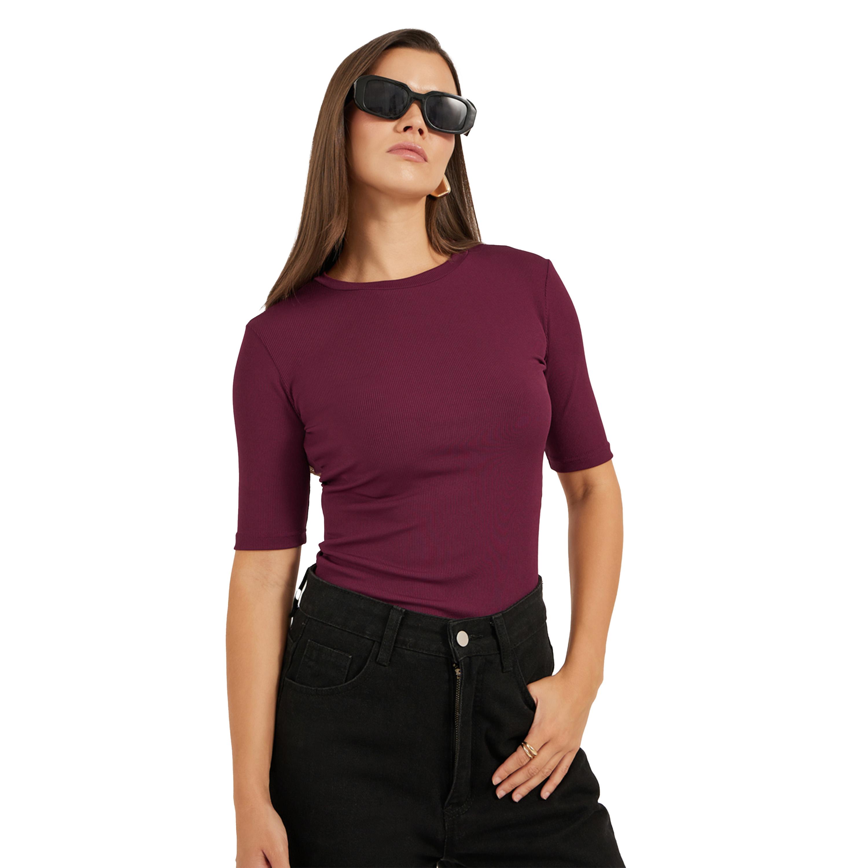 ستايلي - بلوزة محبوكة ضيقة برقبة دائرية مضلعة-women-clothing-shirtsandblouses-blouses-image-1