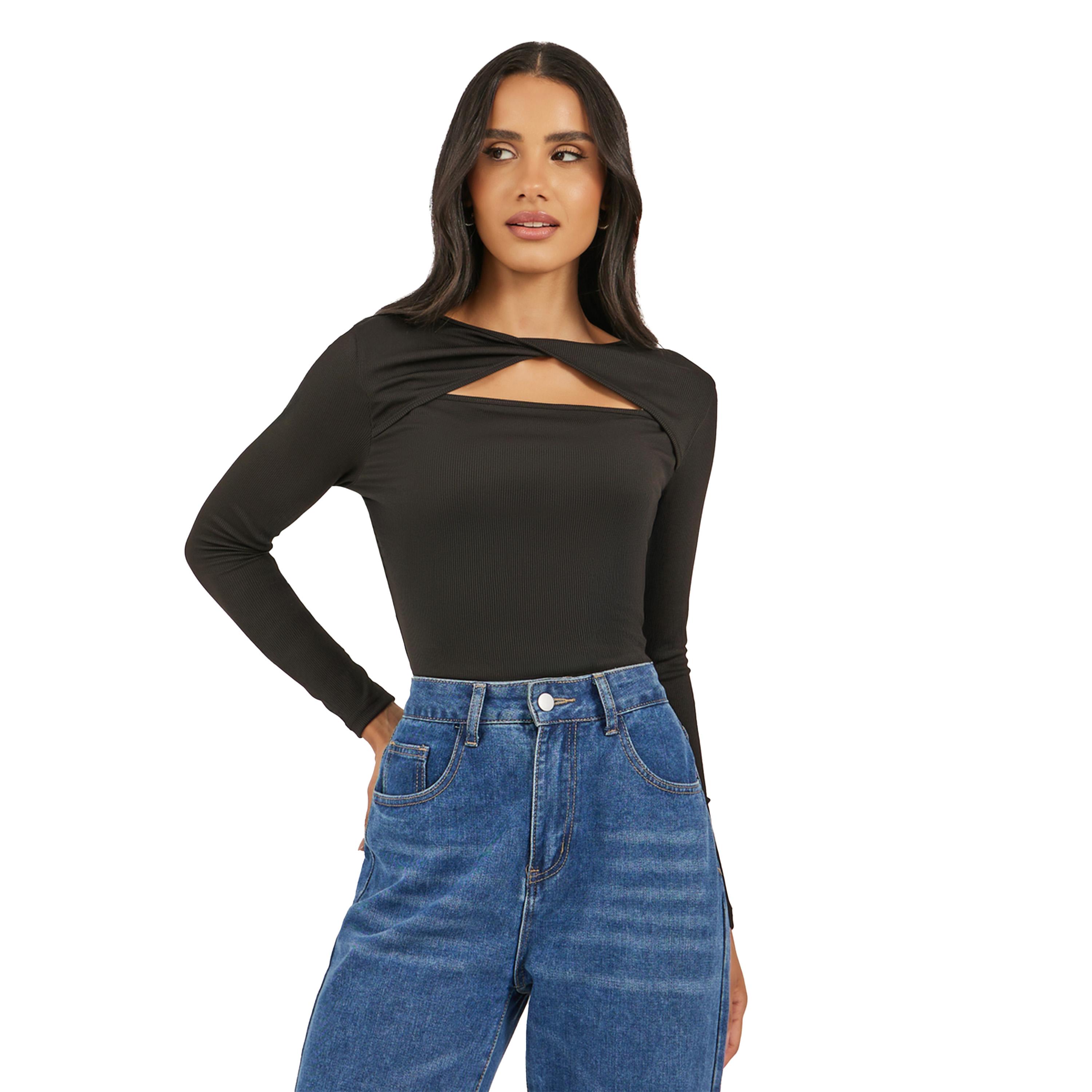 ستايلي -  بلوزة نسائية ، سوداء اللون، محبوكة ومضلعة-women-clothing-tshirts-image-1