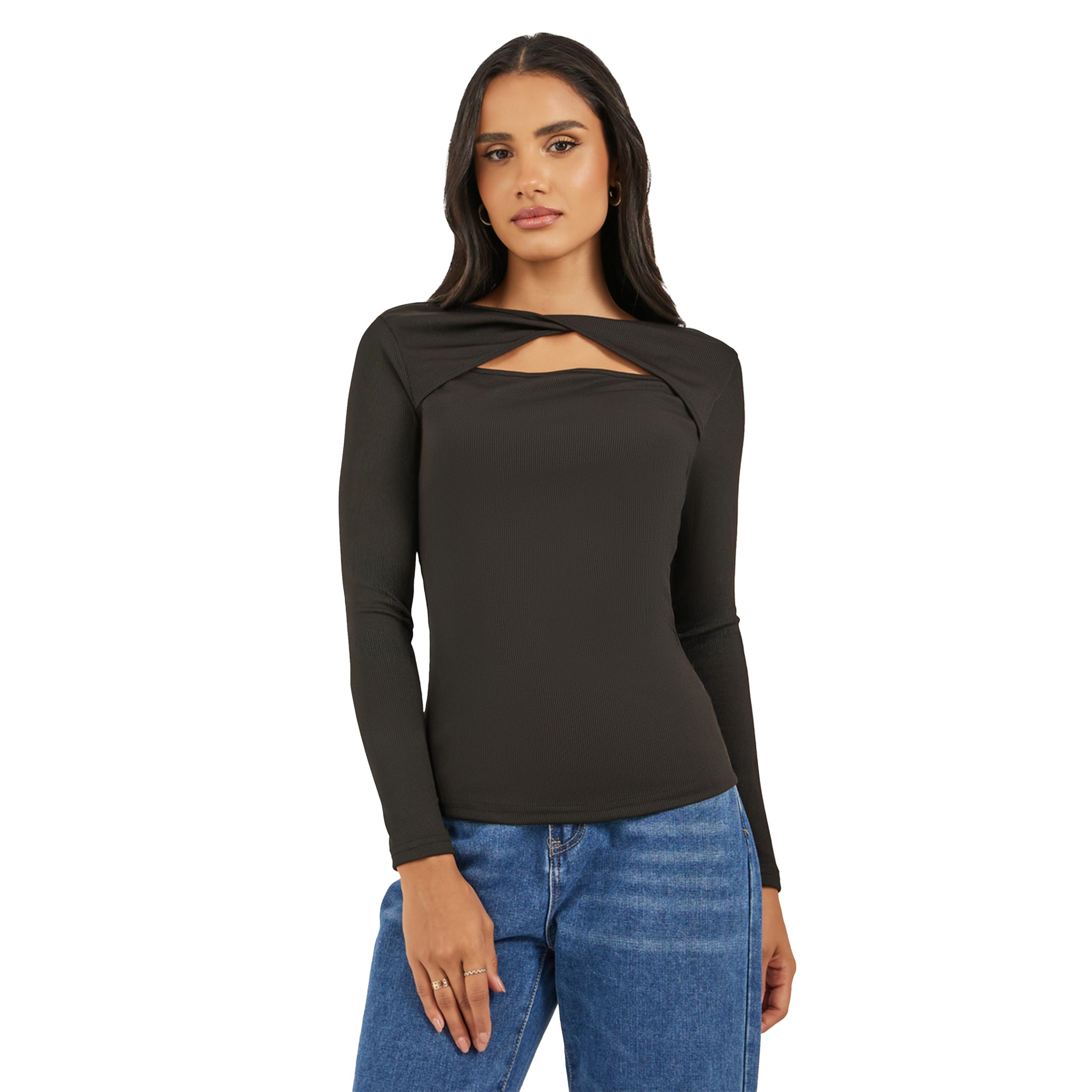 ستايلي -  بلوزة نسائية ، سوداء اللون، محبوكة ومضلعة-women-clothing-tshirts-image-2
