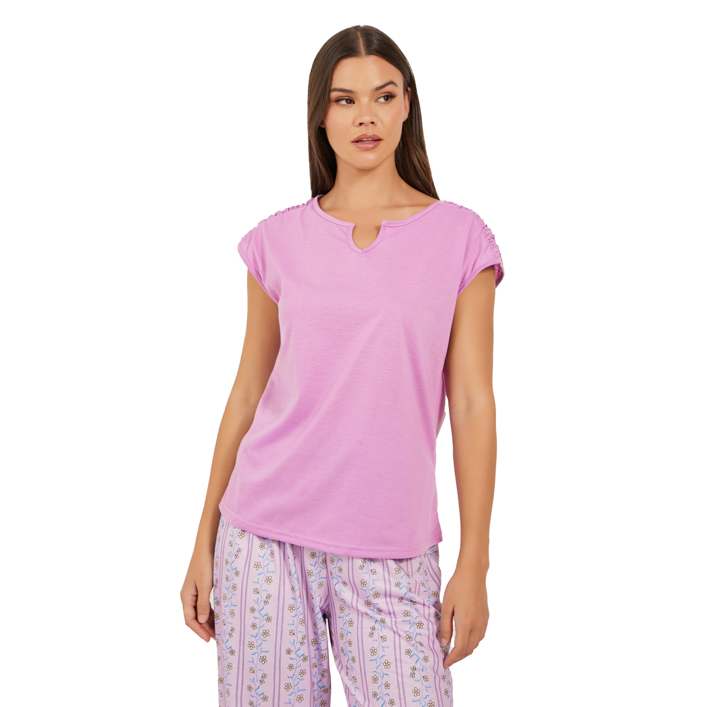 Styli Solid Gathered Shoulder Top and Printed Cuffed Pyjama Set-women-clothing-nightwear-pyjamas-longsets-image-3