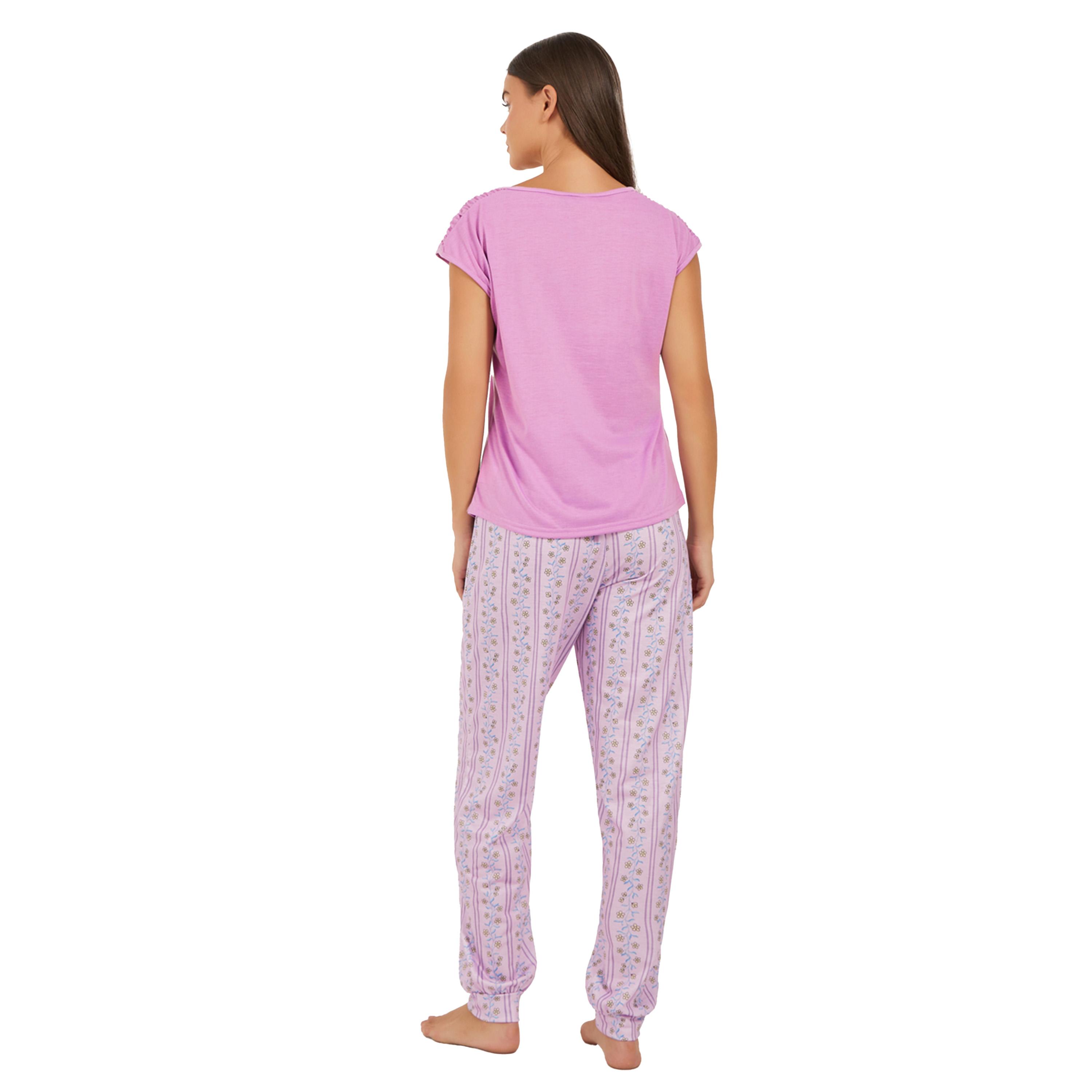 Styli Solid Gathered Shoulder Top and Printed Cuffed Pyjama Set-women-clothing-nightwear-pyjamas-longsets-image-5