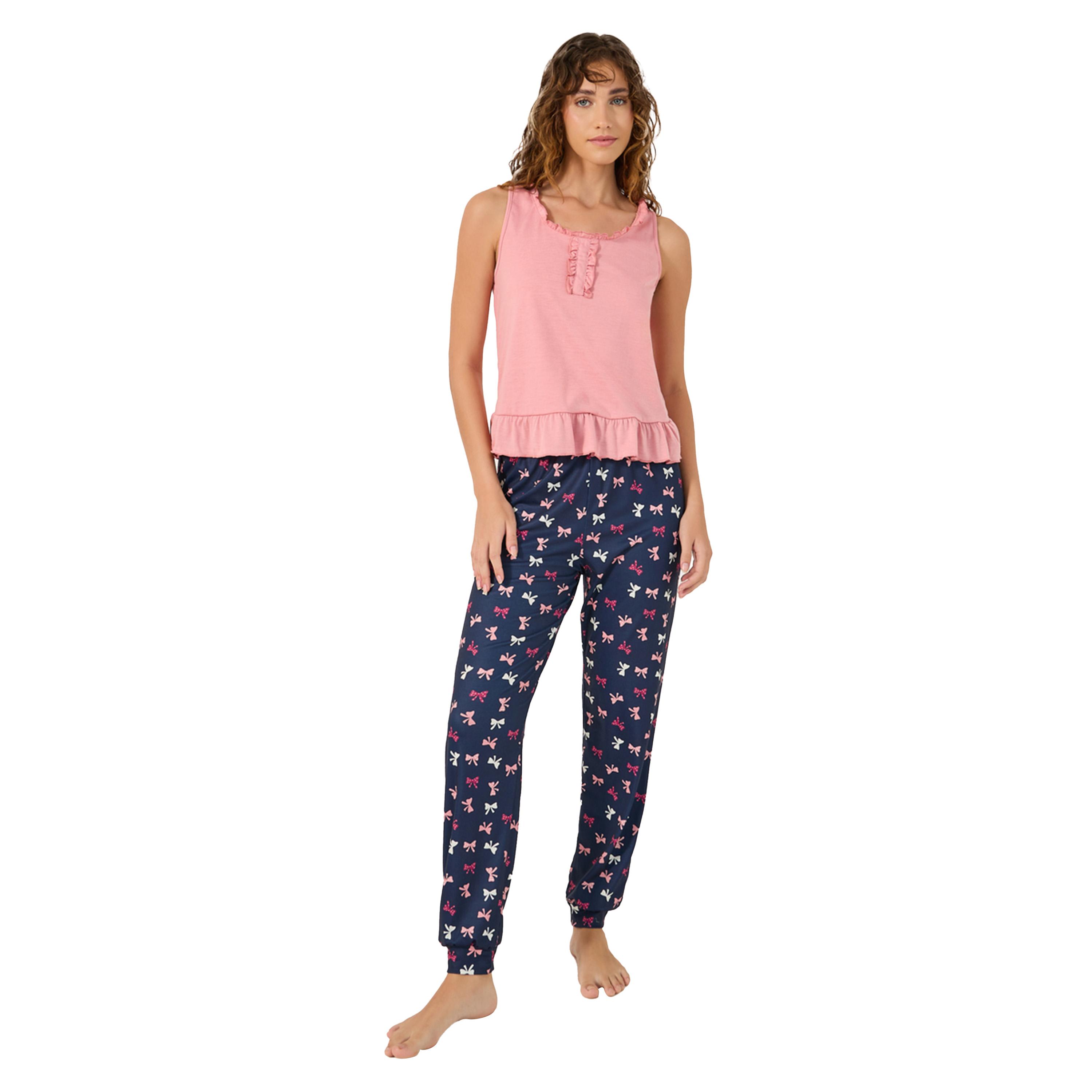 Styli Solid Ruffled Detail Tank Top and Bow Print Cuffed Pyjama Set-women-clothing-nightwear-pyjamas-longsets-image-1