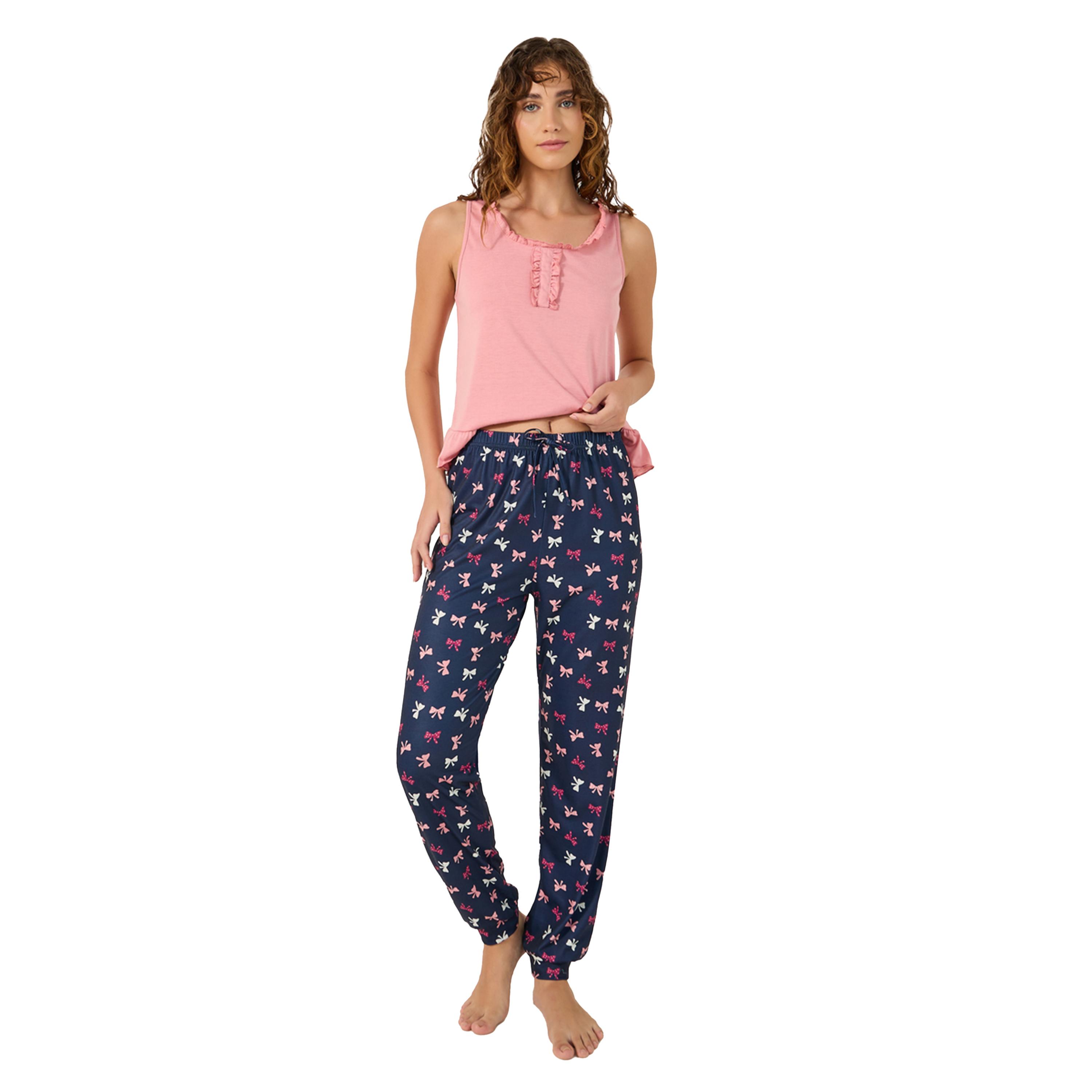 Styli Solid Ruffled Detail Tank Top and Bow Print Cuffed Pyjama Set-women-clothing-nightwear-pyjamas-longsets-image-2