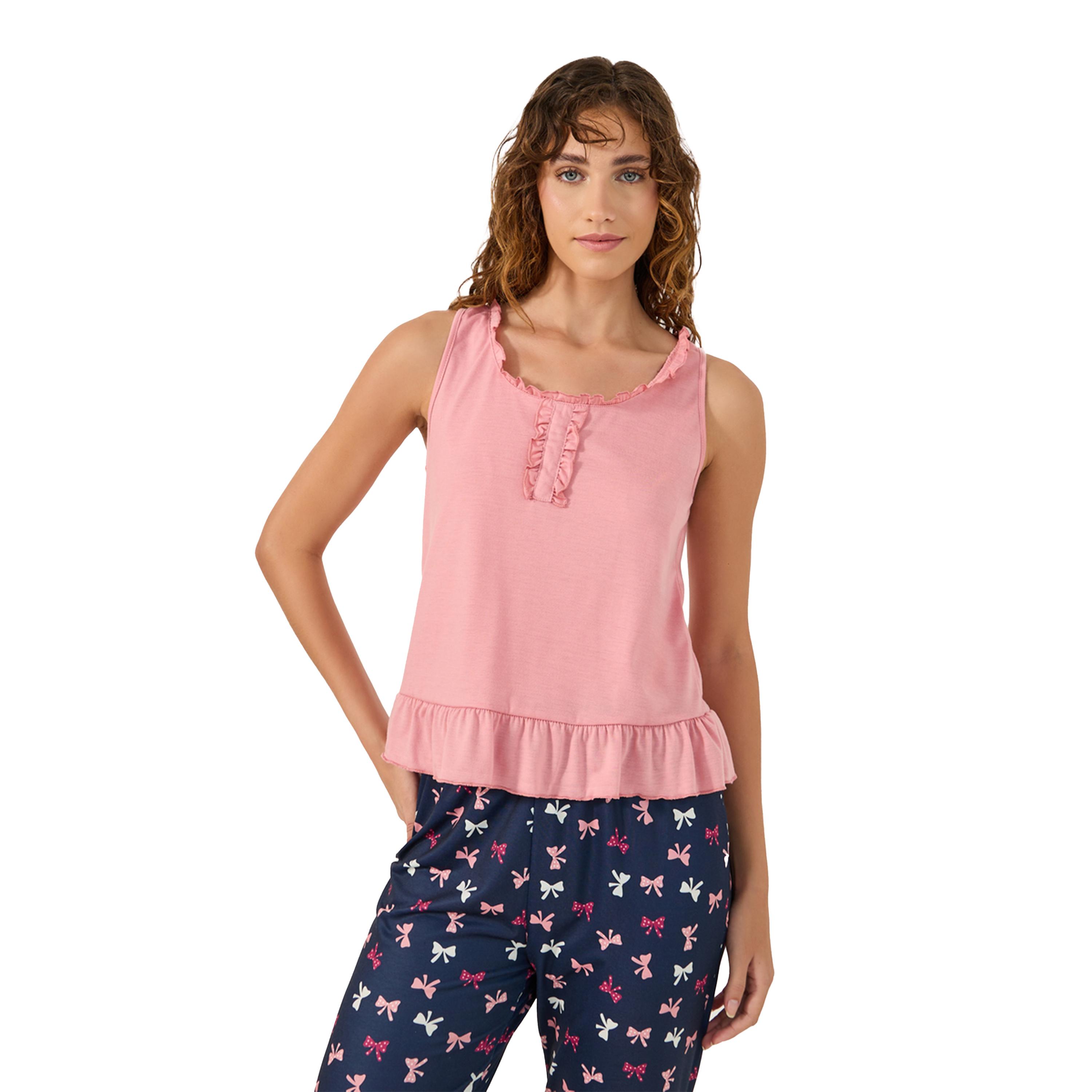 Styli Solid Ruffled Detail Tank Top and Bow Print Cuffed Pyjama Set-women-clothing-nightwear-pyjamas-longsets-image-3