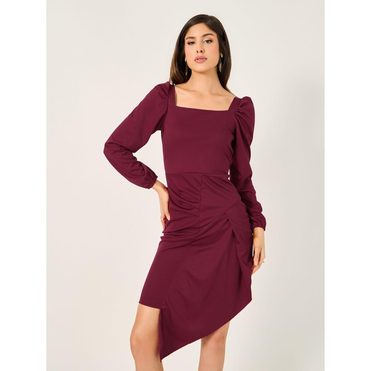 Square Neck Asymmetric Hem Mini Dress with Gathered Detail-women-clothing-dresses-image-1