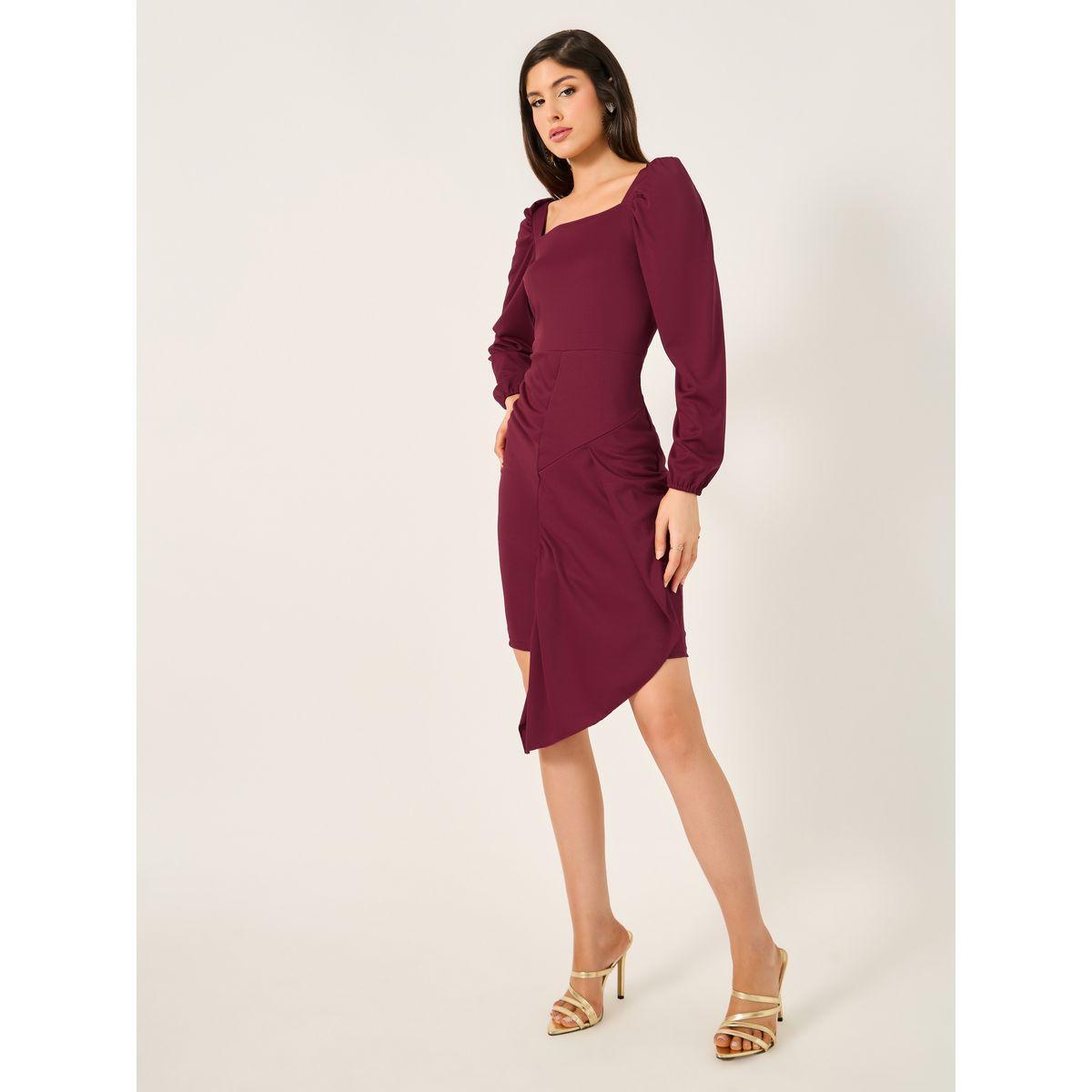 فستان قصير بياقة مربعة وحواف غير متماثلة مع تفاصيل مجمعة-women-clothing-dresses-image-3
