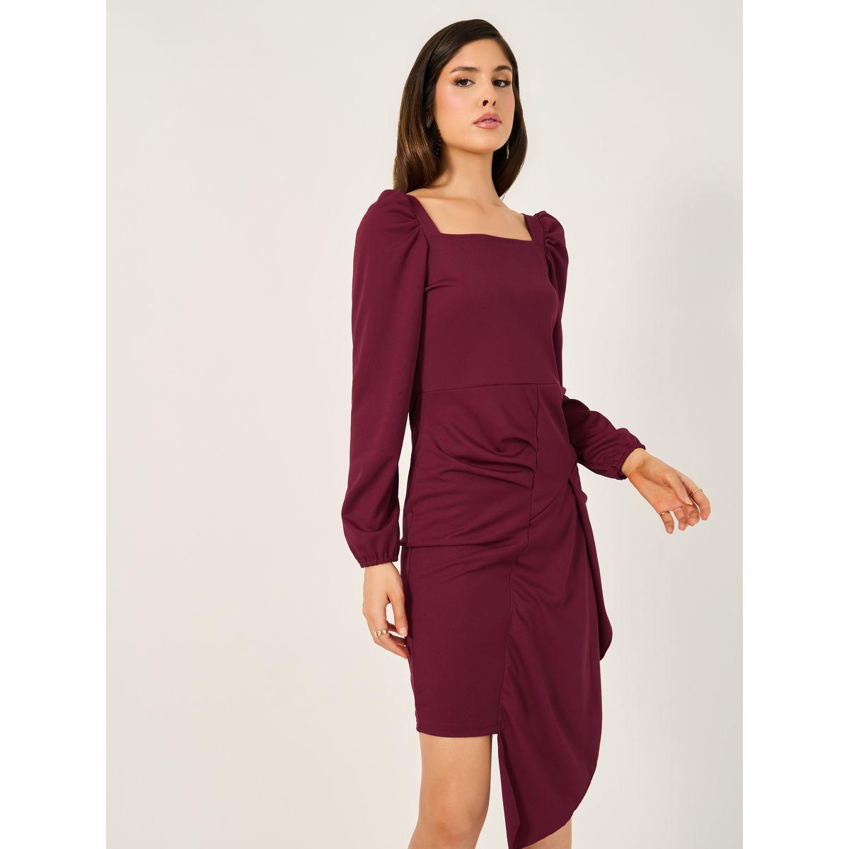 Square Neck Asymmetric Hem Mini Dress with Gathered Detail-women-clothing-dresses-image-4
