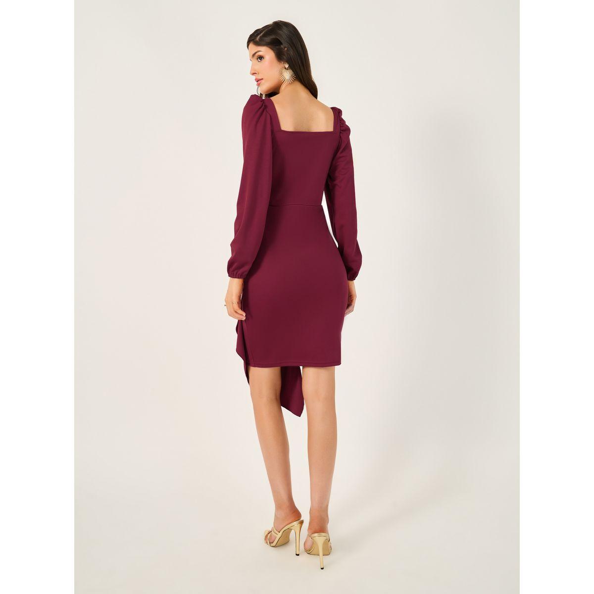 Square Neck Asymmetric Hem Mini Dress with Gathered Detail-women-clothing-dresses-image-6