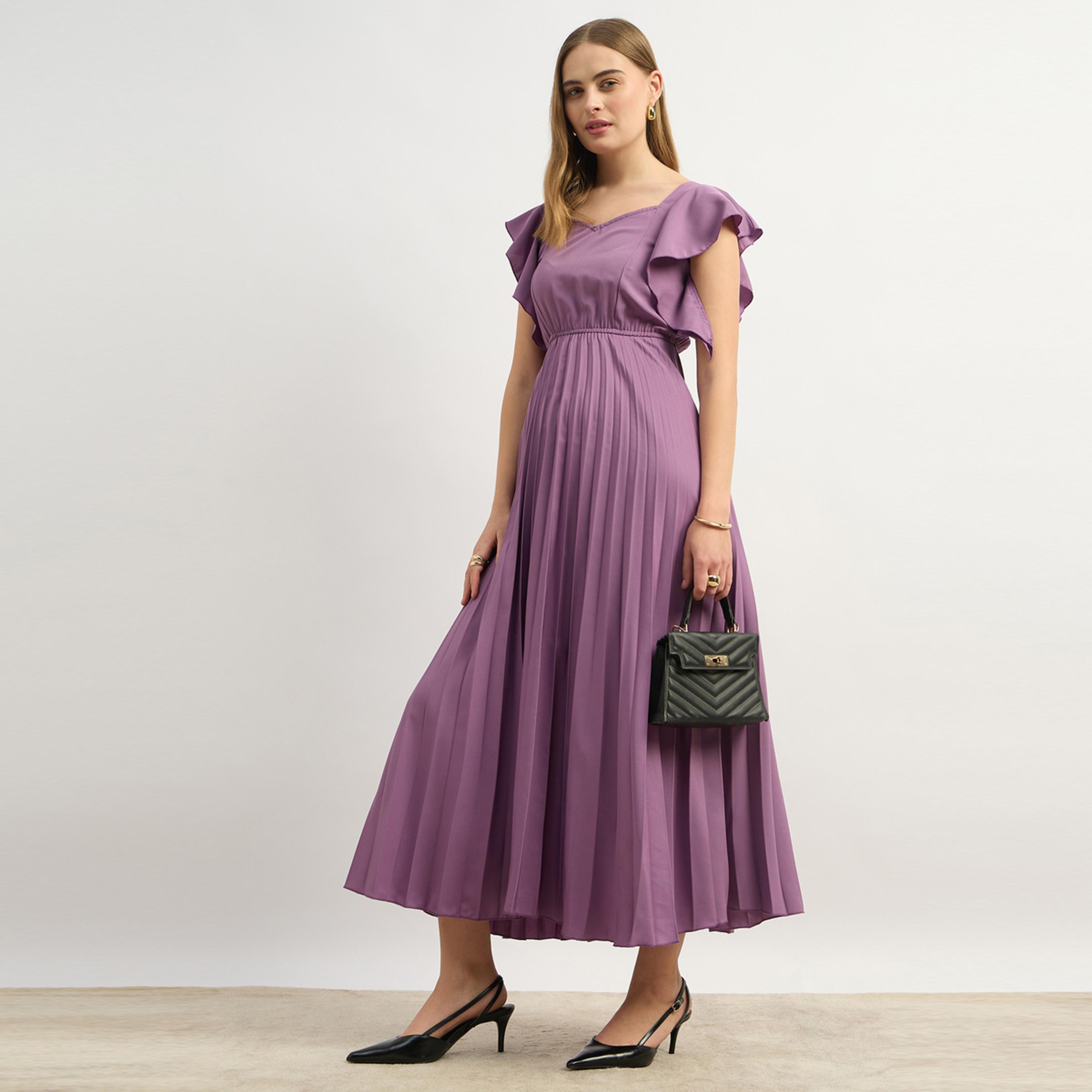 ستايلي - يو آند اف - فستان ميدي سادة للنساء - بنفسجي-women-clothing-dresses-image-1