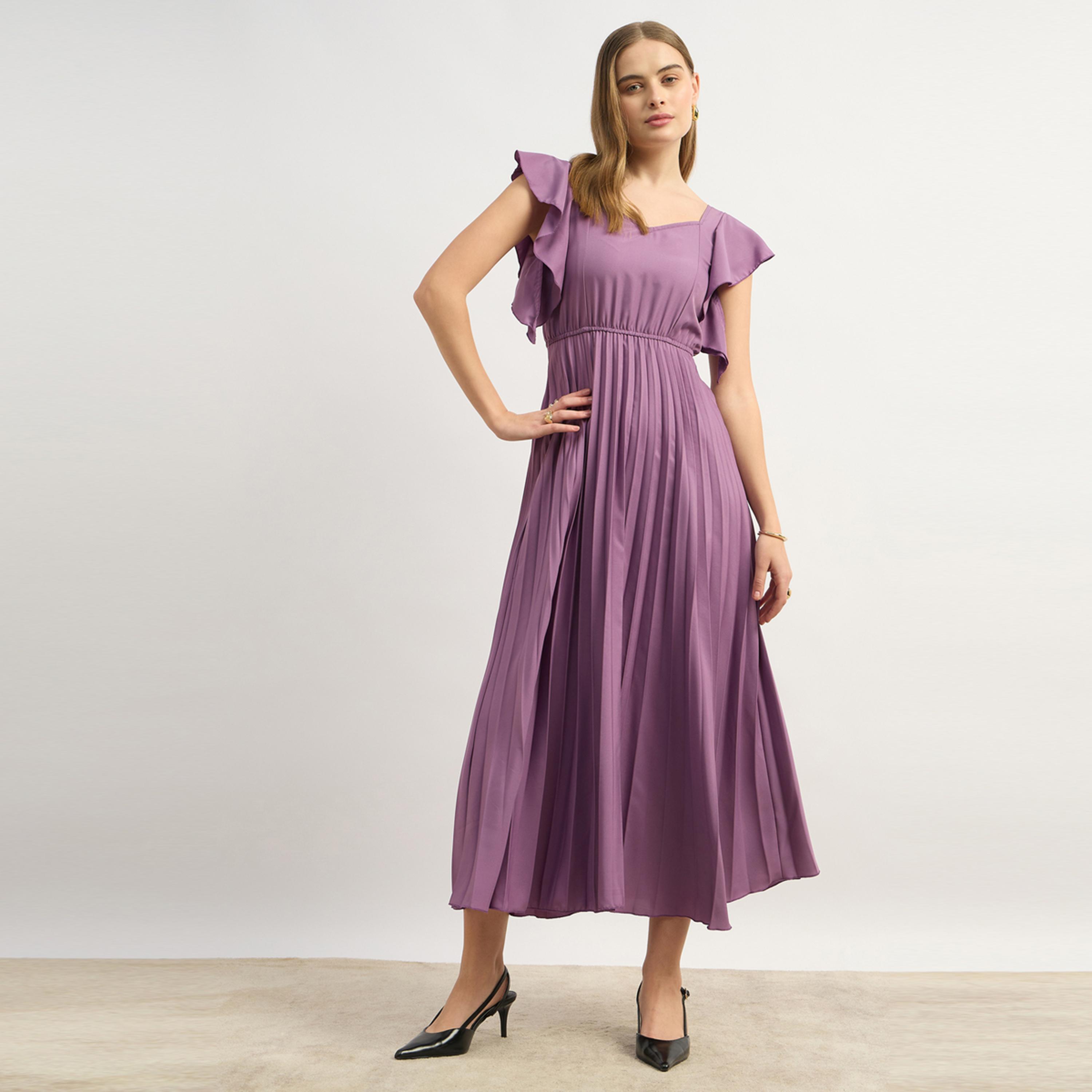 ستايلي - يو آند اف - فستان ميدي سادة للنساء - بنفسجي-women-clothing-dresses-image-2