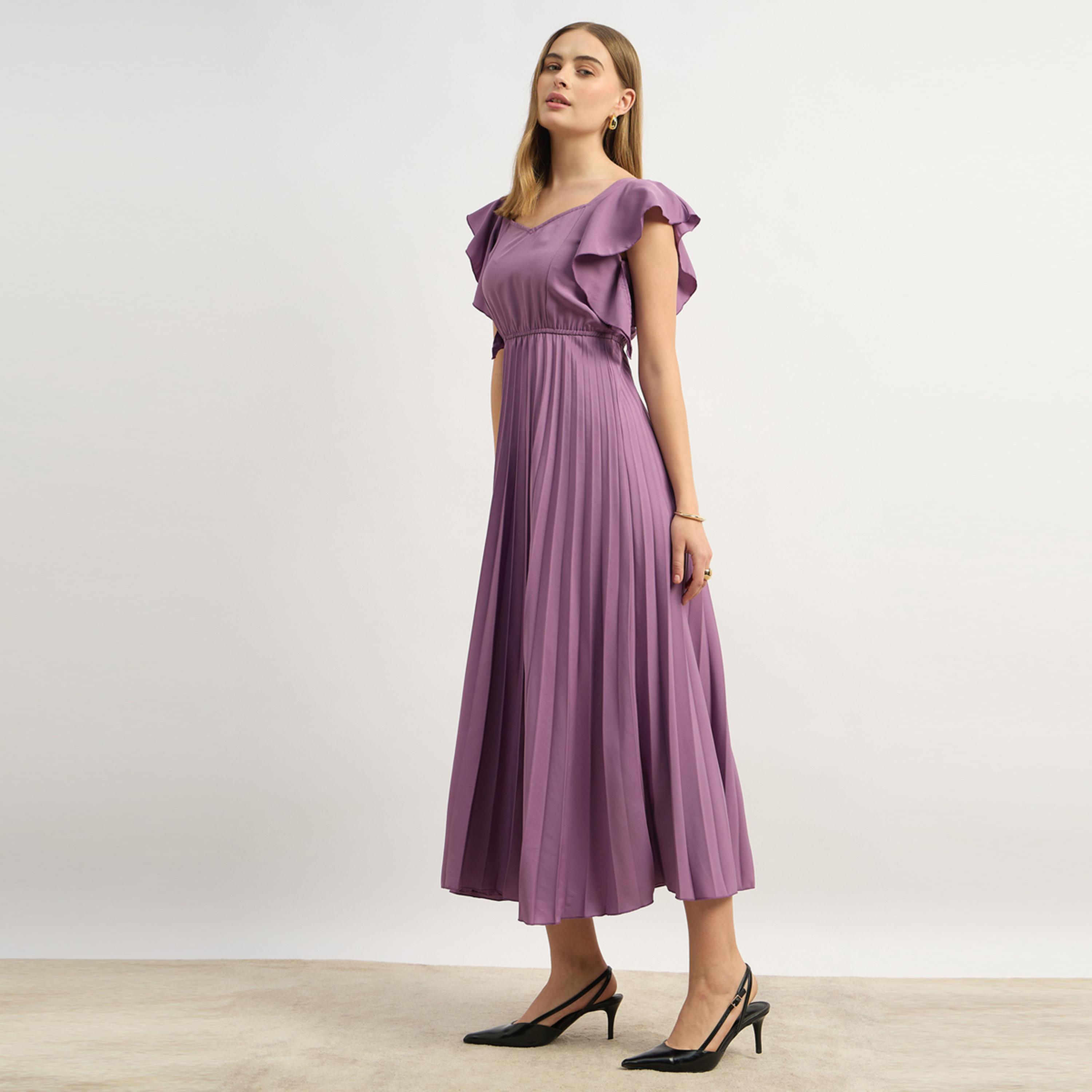 ستايلي - يو آند اف - فستان ميدي سادة للنساء - بنفسجي-women-clothing-dresses-image-3