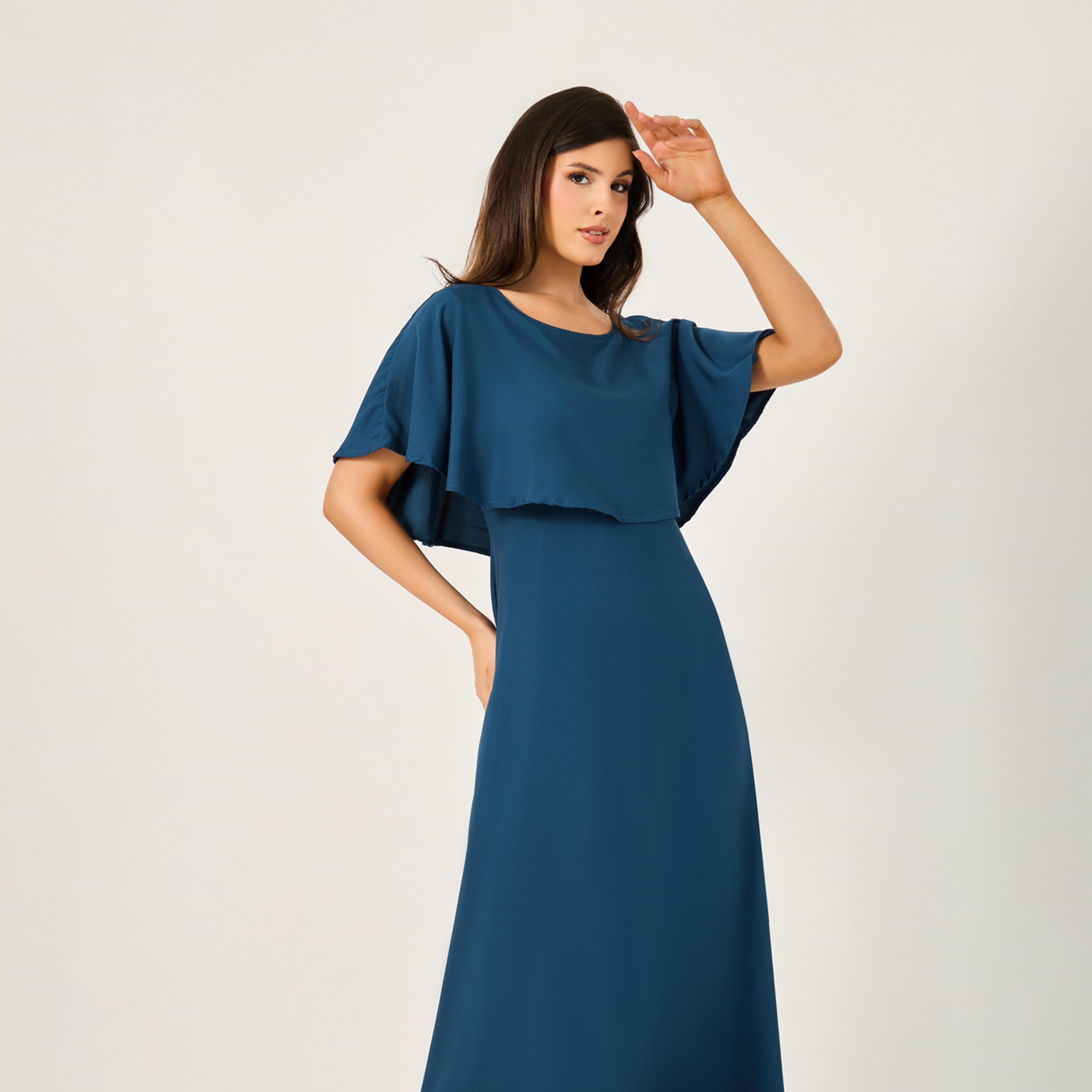 Styli Solid Cape Sleeve A-Line Maxi Dress-women-clothing-dresses-image-2