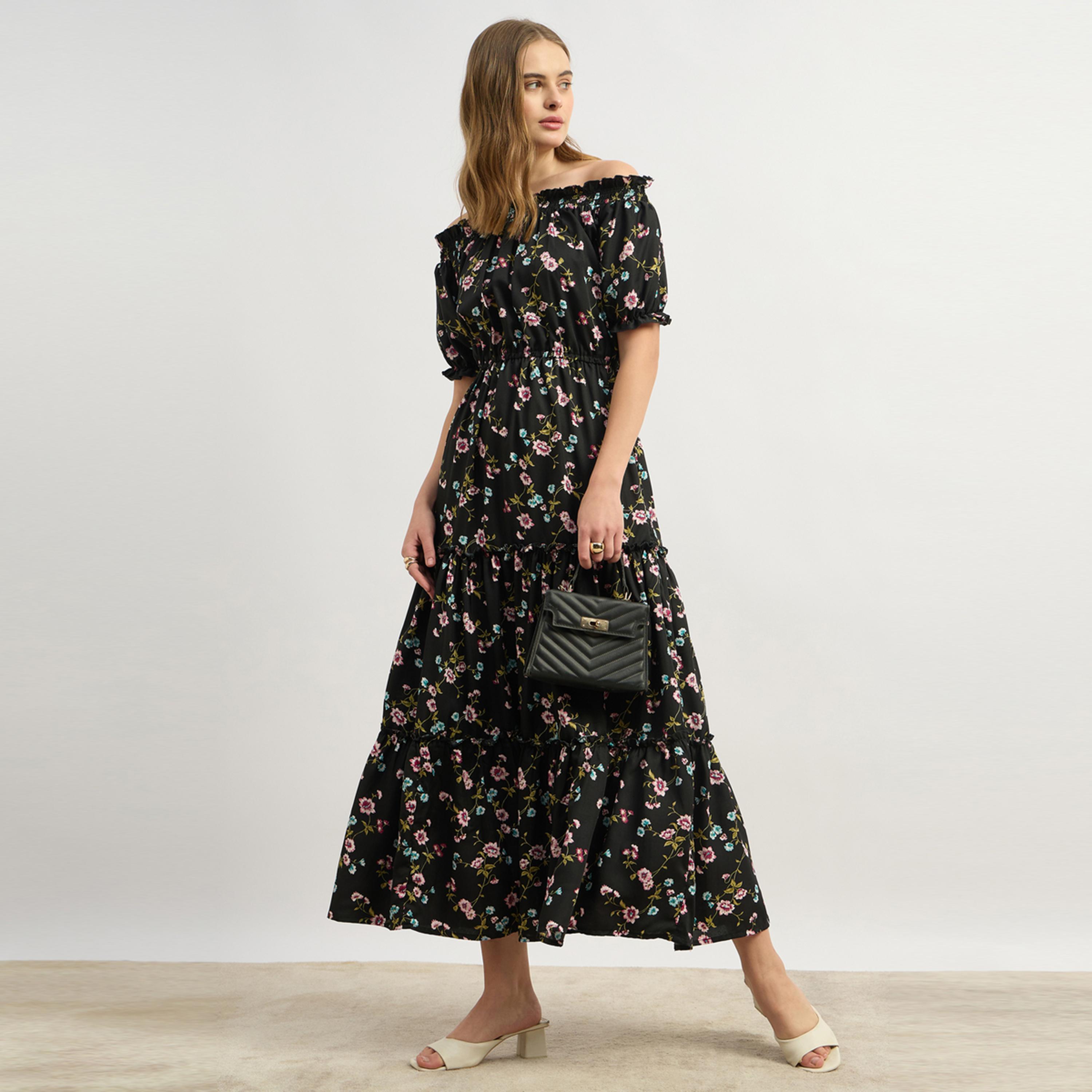 Styli U And F Black Floral Off-Shoulder Crepe Maxi Dress-women-clothing-dresses-image-1