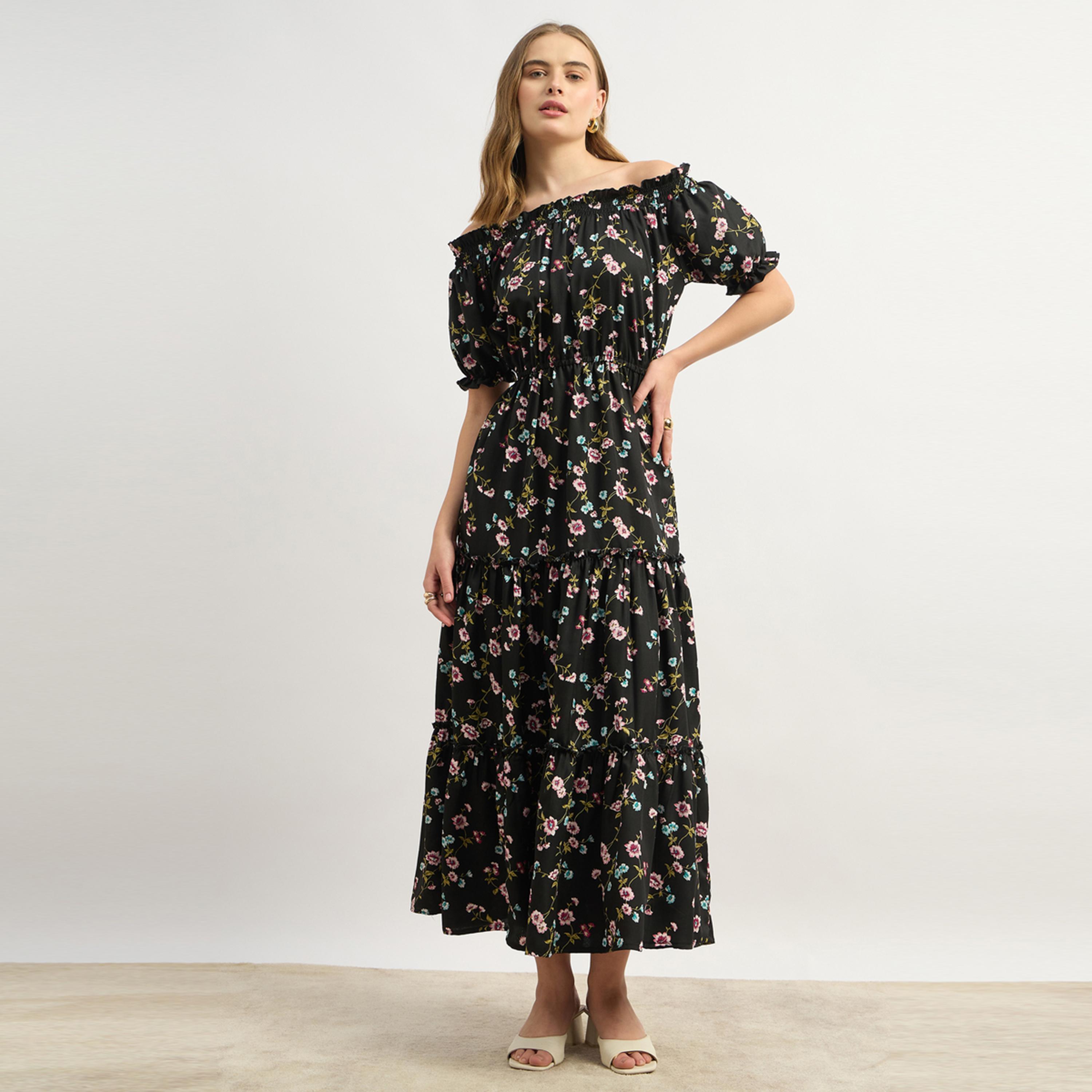 ستايلي - يو آند اف - فستان ماكسي أسود من الكريب بدون أكتاف-women-clothing-dresses-image-2