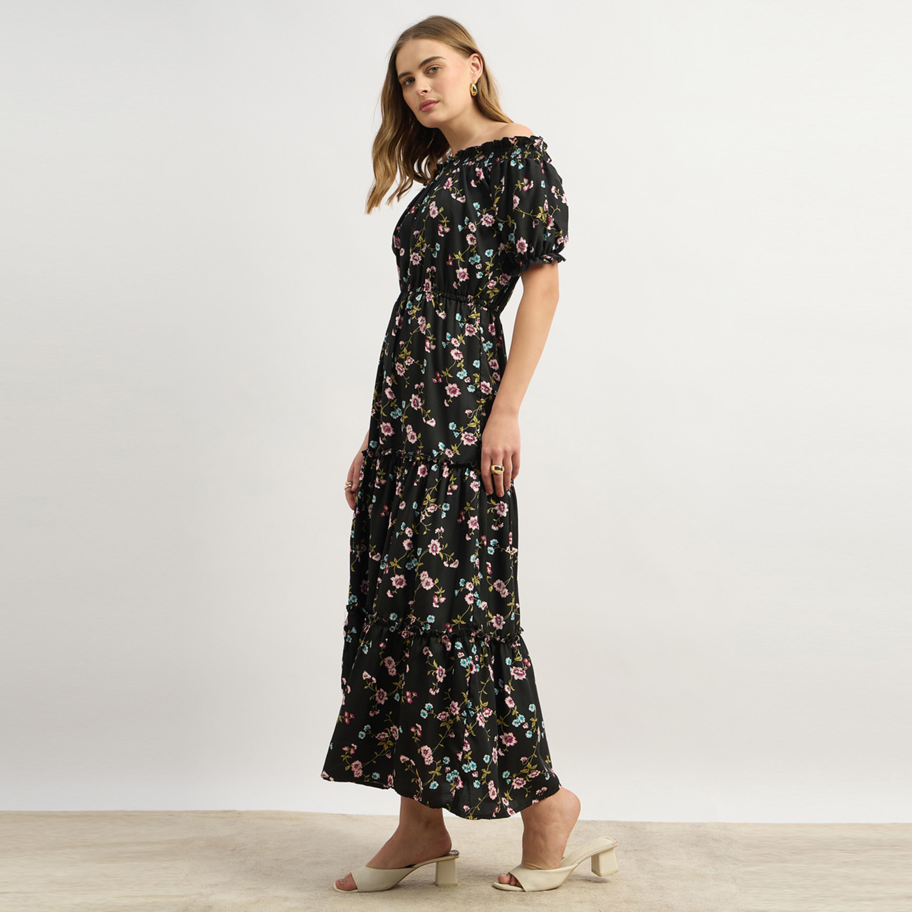 ستايلي - يو آند اف - فستان ماكسي أسود من الكريب بدون أكتاف-women-clothing-dresses-image-3