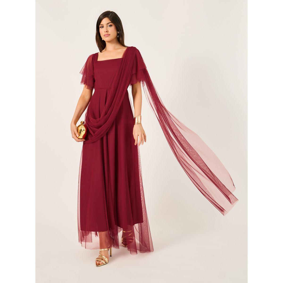 Styli Mesh Insert Square Neck Maxi Dress with Draped Detail-women-clothing-dresses-image-1