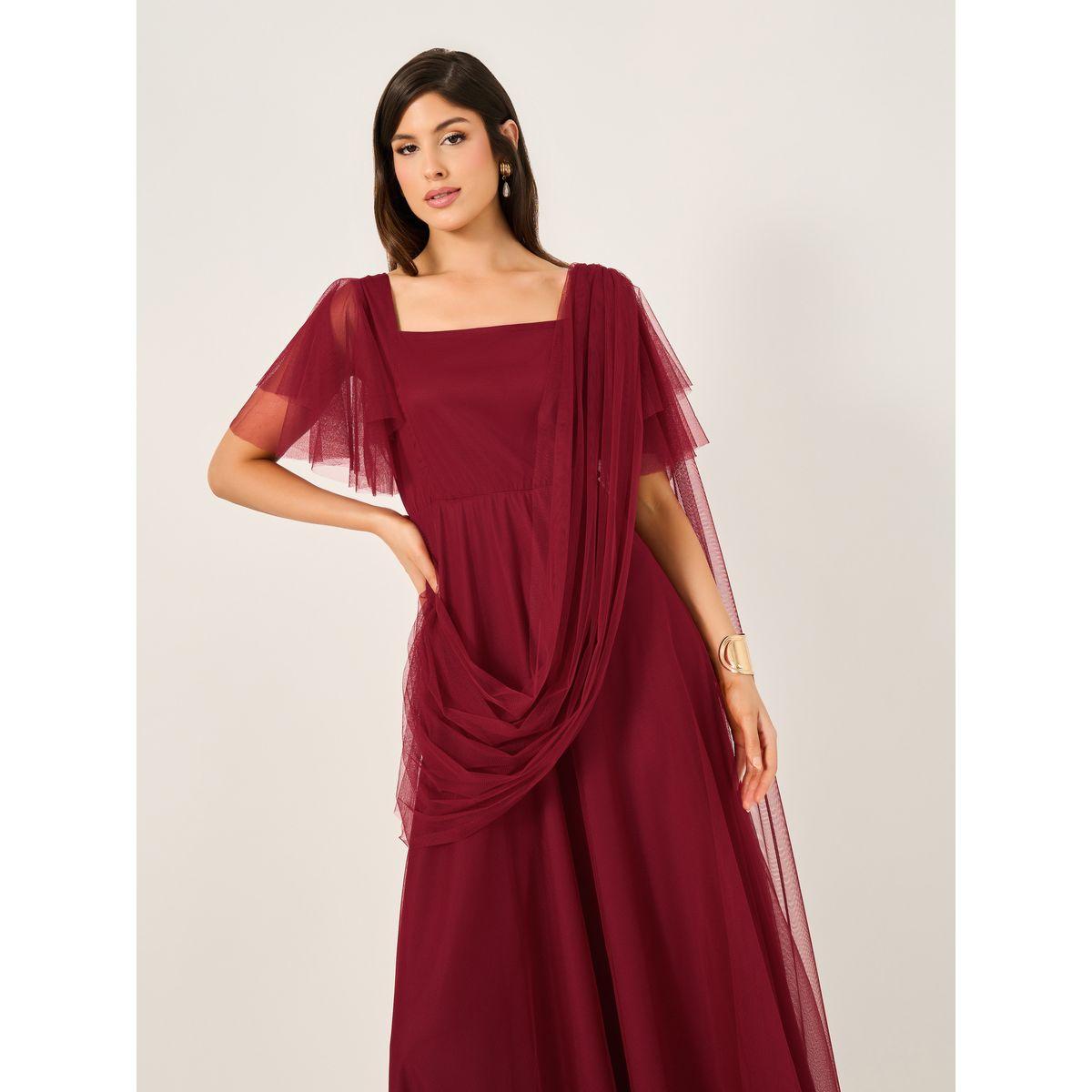 Styli Mesh Insert Square Neck Maxi Dress with Draped Detail-women-clothing-dresses-image-3