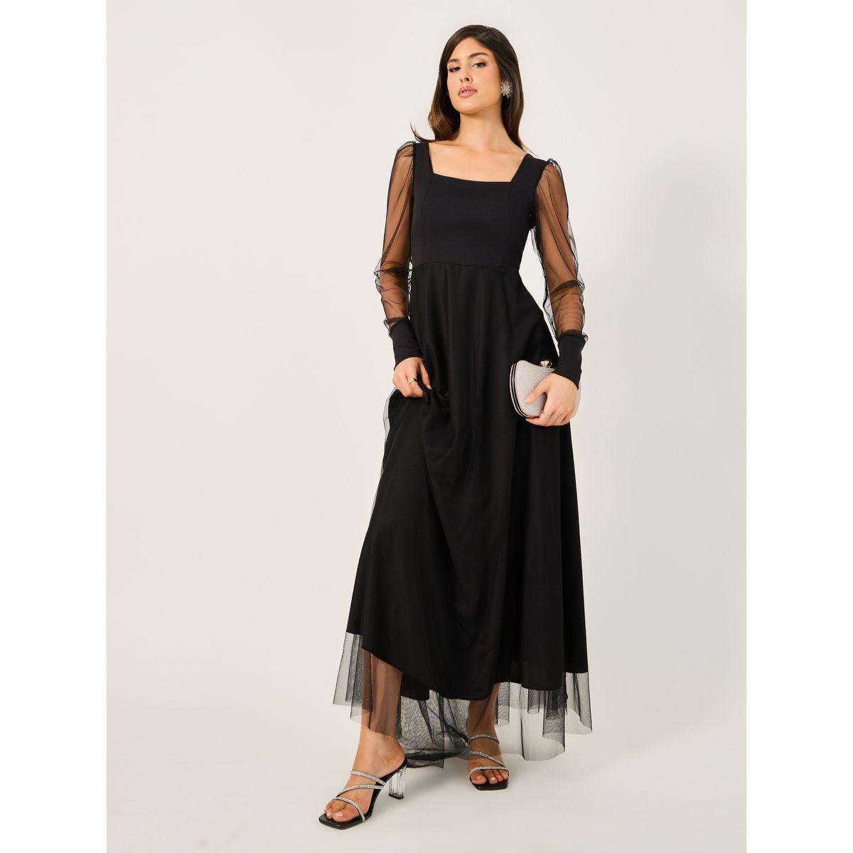 Styli Mesh Puff Sleeve Square Neck Maxi Dress-women-clothing-dresses-image-1