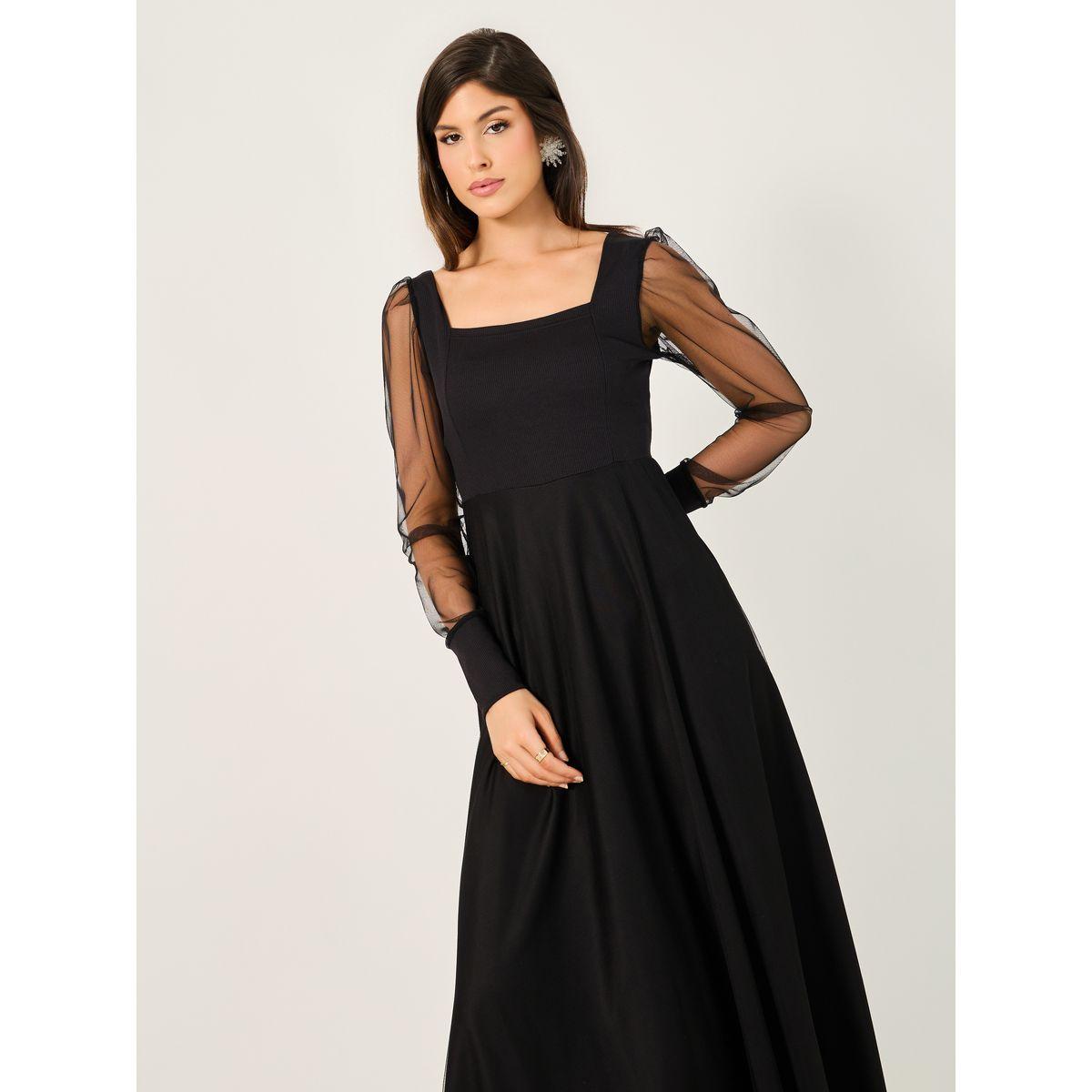 فستان طويل بأكمام منفوخة وياقة مربعة-women-clothing-dresses-image-2