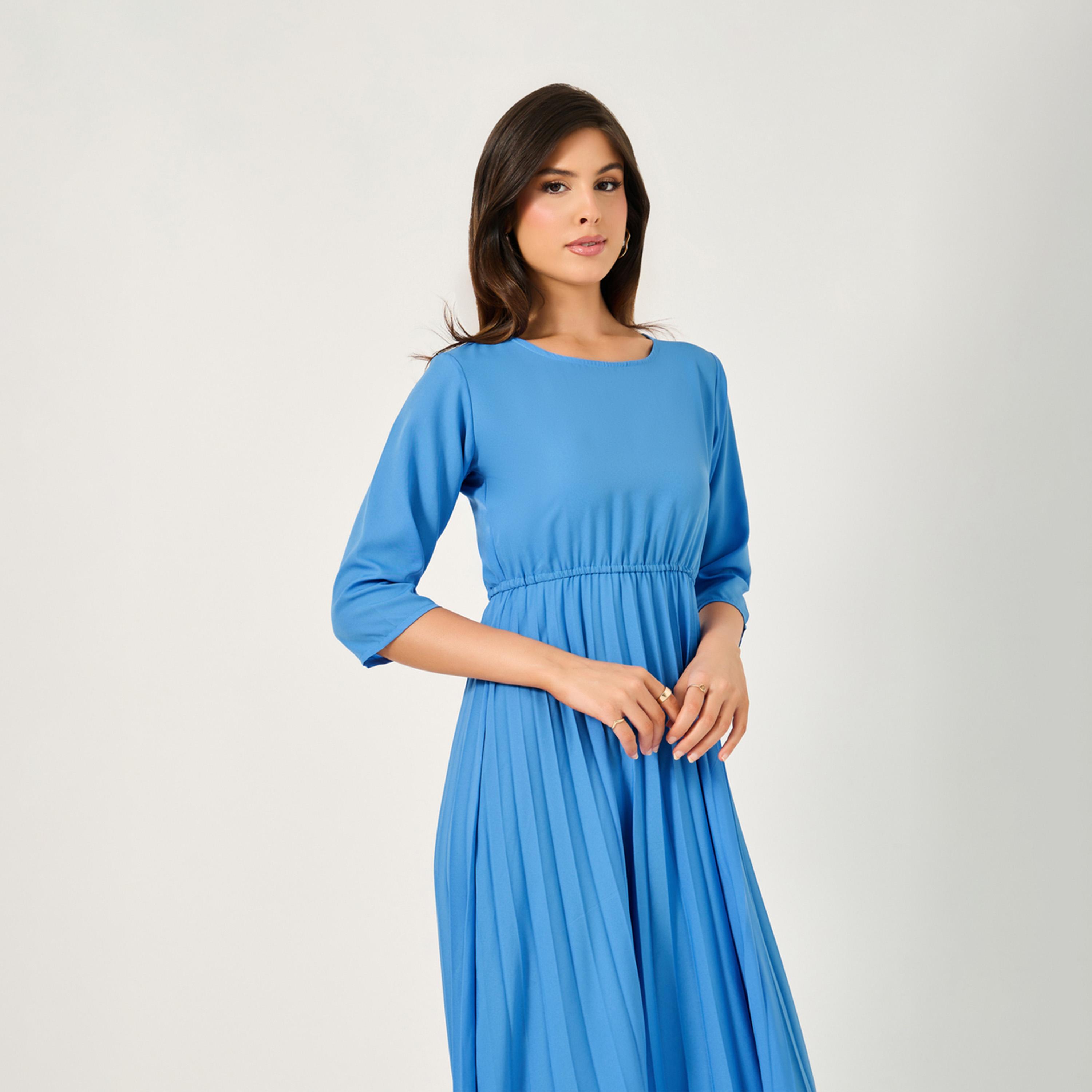 Styli Solid Accordion Pleated A-Line Midi Dress-women-clothing-dresses-image-2