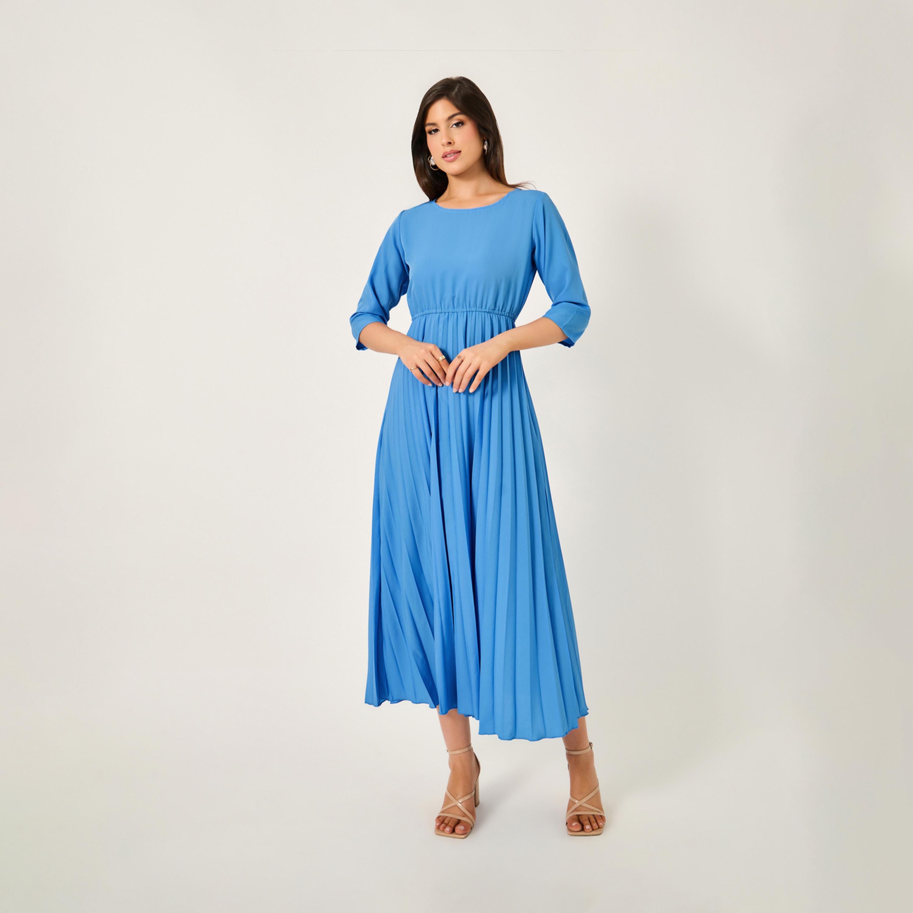 Styli Solid Accordion Pleated A-Line Midi Dress-women-clothing-dresses-image-3