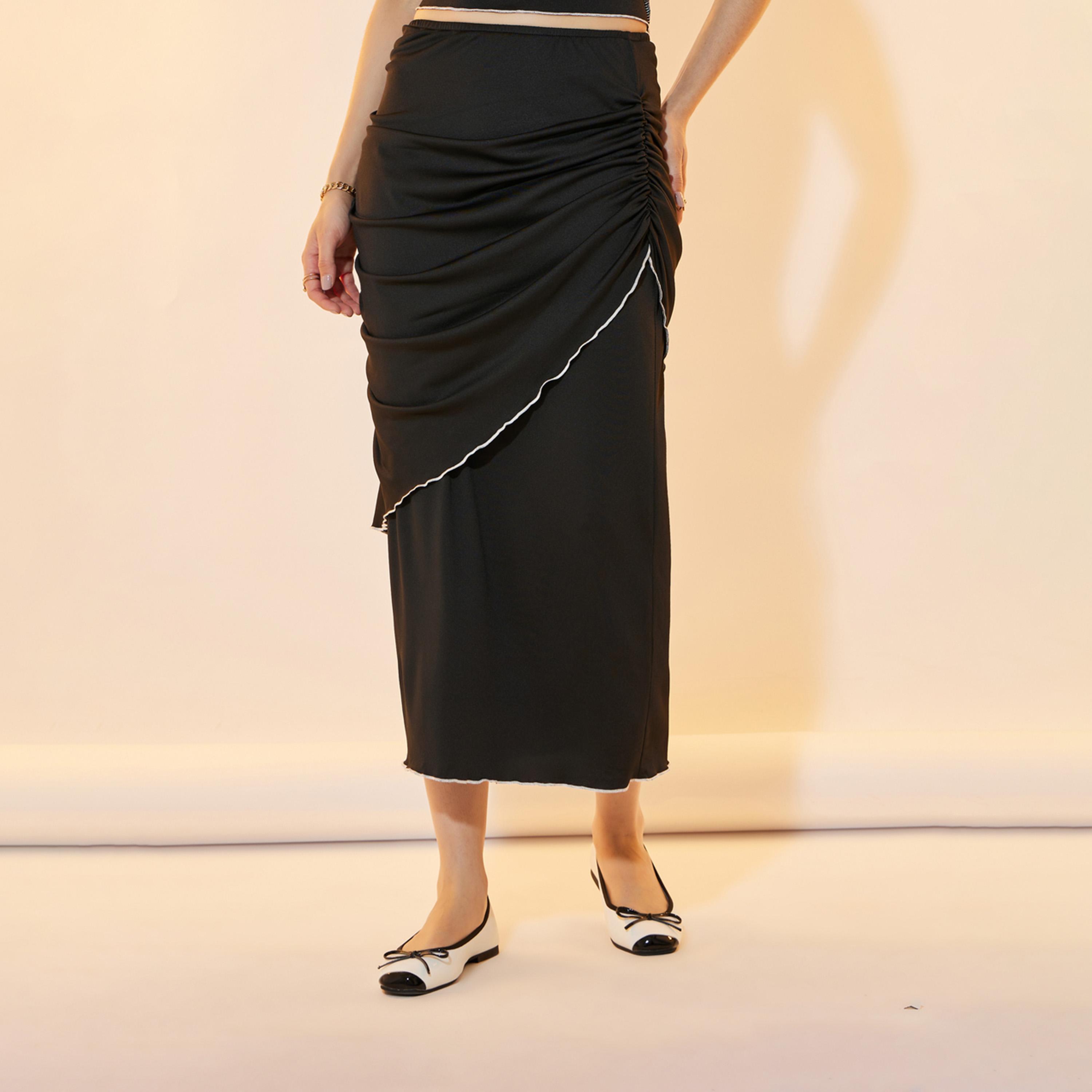 طقم منسق من تنورة ميدي مع بلوزة سادة بياقة عالية-women-clothing-coordsets-image-2
