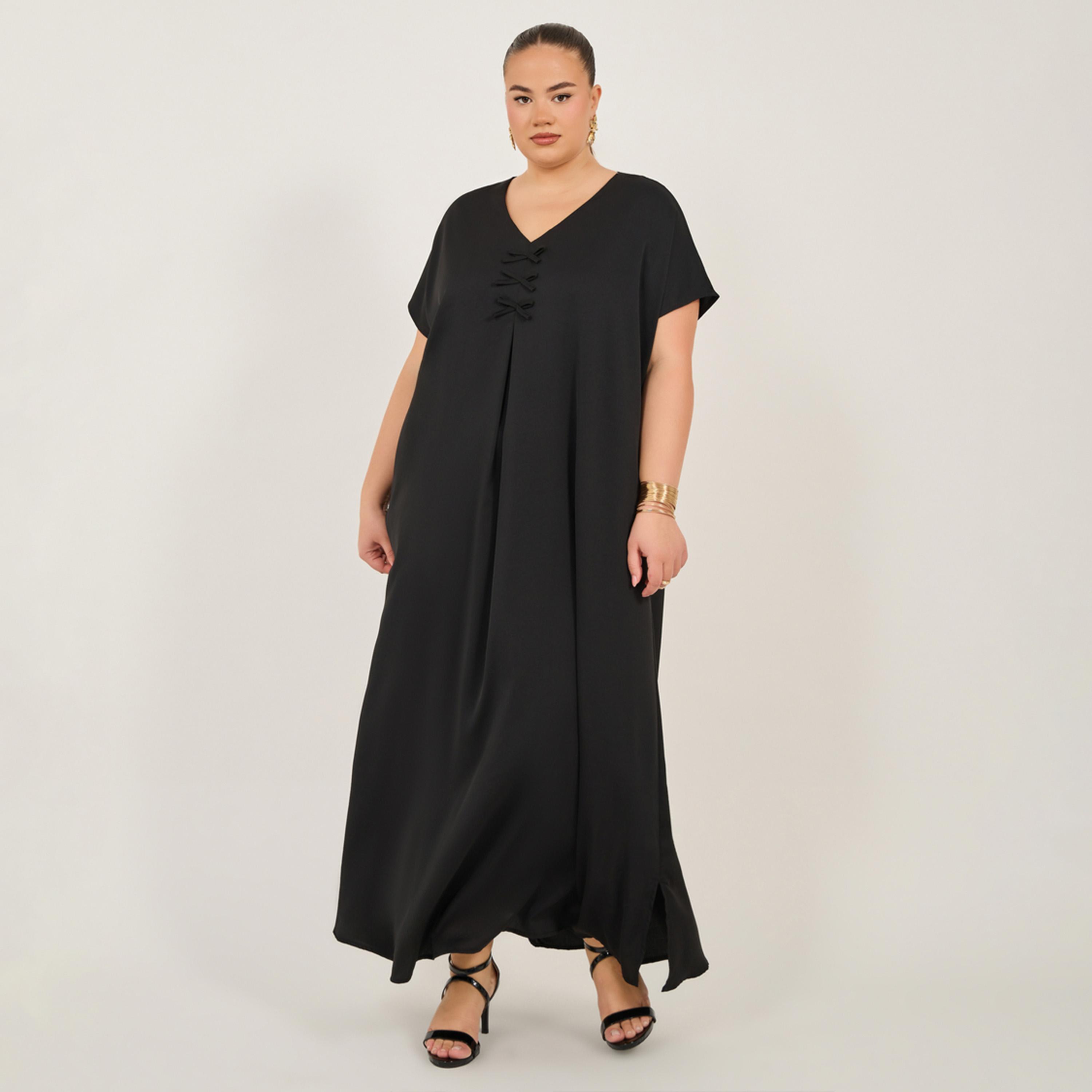 ستايلي - فستان عباية سادة بتفاصيل فيونكة وياقة V-women-arabicclothing-jalabiyas-image-1