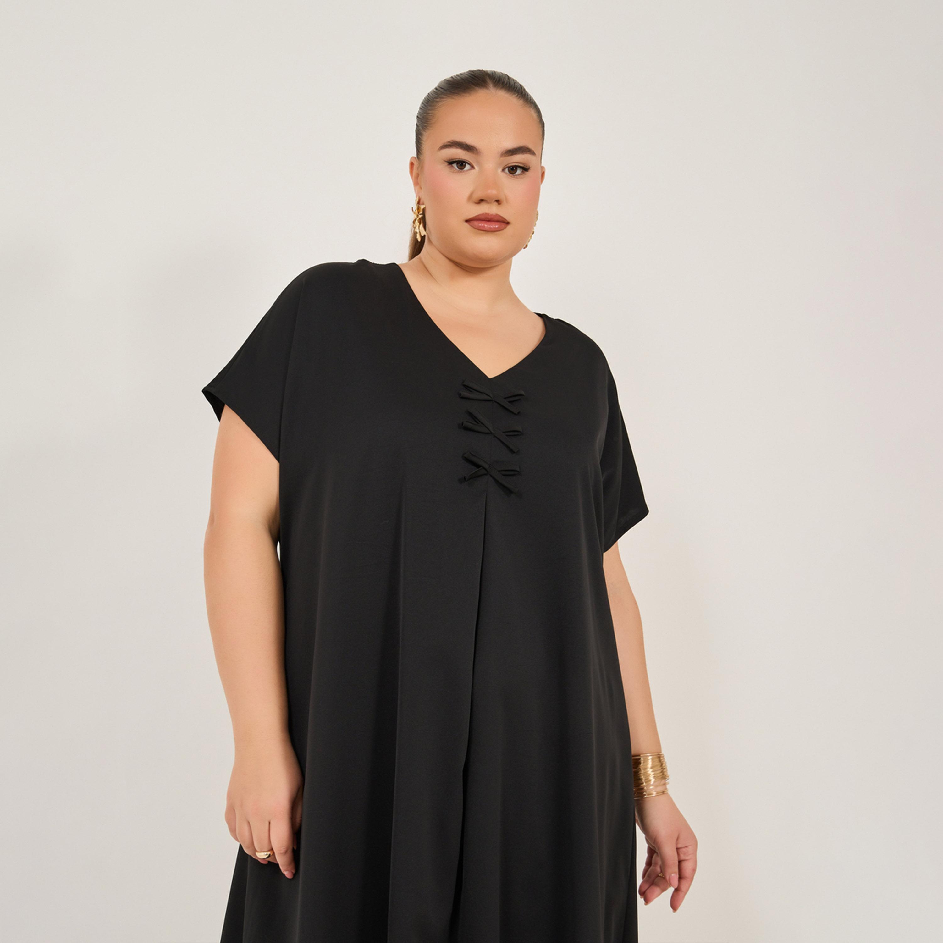 ستايلي - فستان عباية سادة بتفاصيل فيونكة وياقة V-women-arabicclothing-jalabiyas-image-2