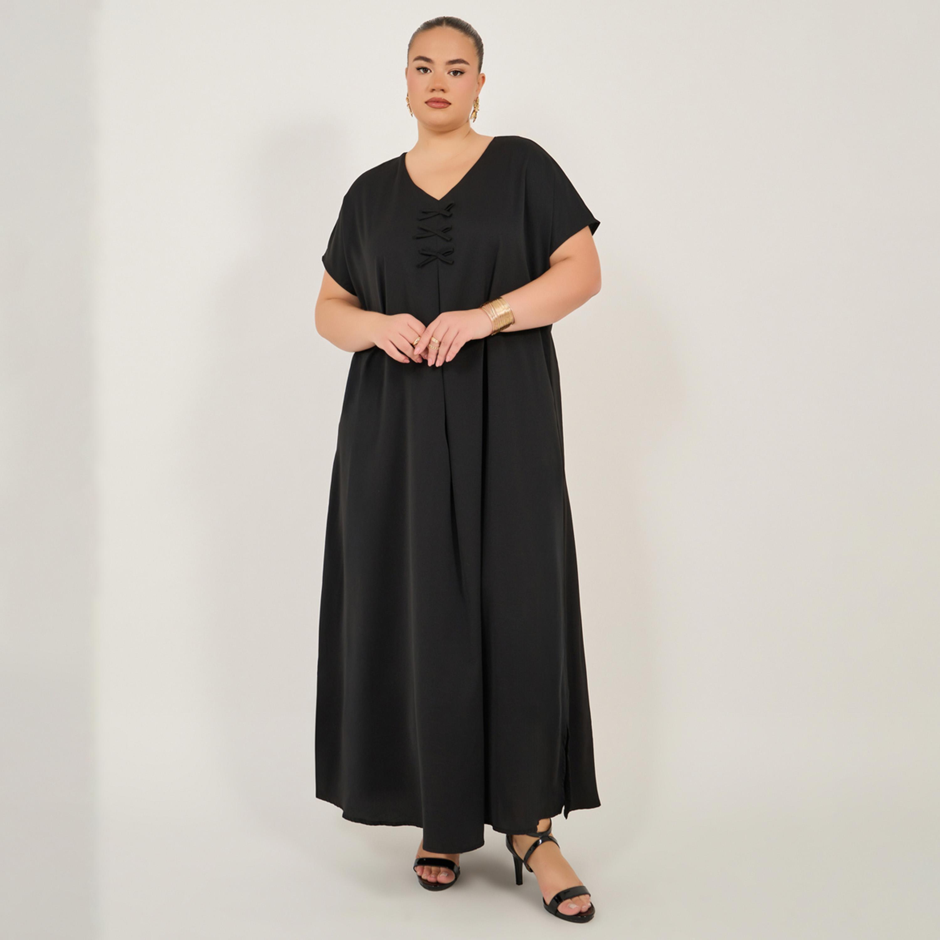 ستايلي - فستان عباية سادة بتفاصيل فيونكة وياقة V-women-arabicclothing-jalabiyas-image-3
