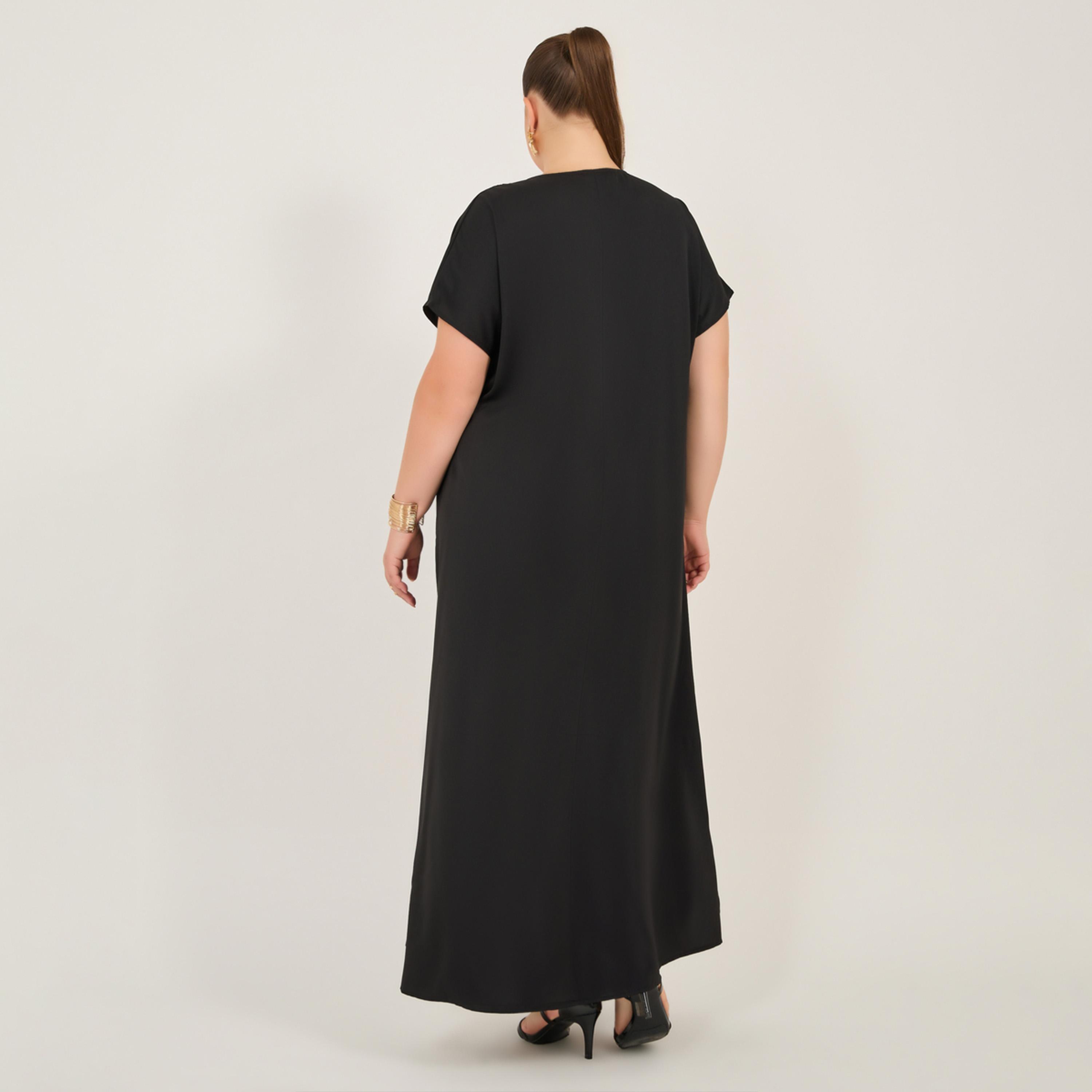 ستايلي - فستان عباية سادة بتفاصيل فيونكة وياقة V-women-arabicclothing-jalabiyas-image-6