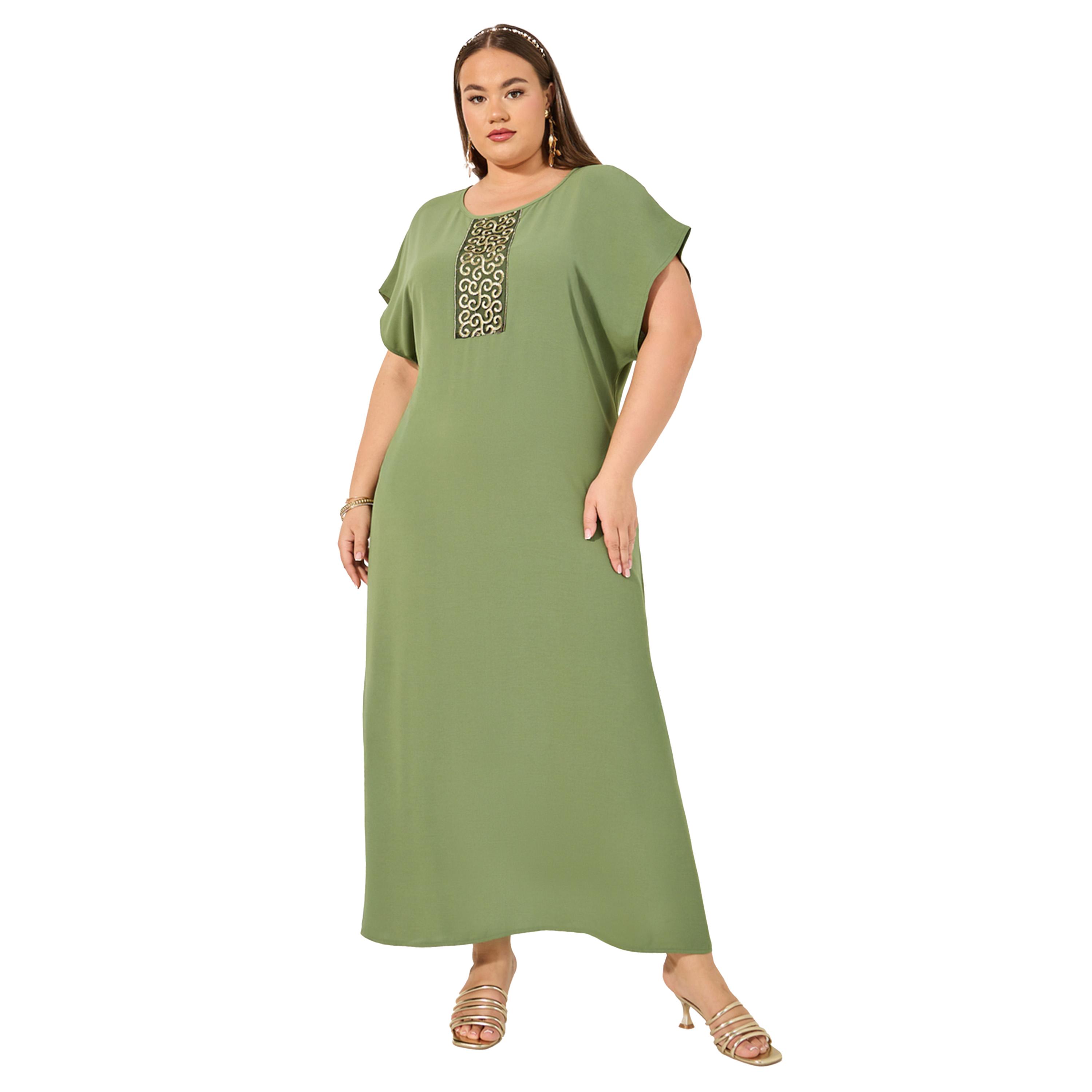 ستايلي - جلابية بأكمام قصيرة وتفاصيل مطرزة مقاس كبير-women-arabicclothing-jalabiyas-image-1