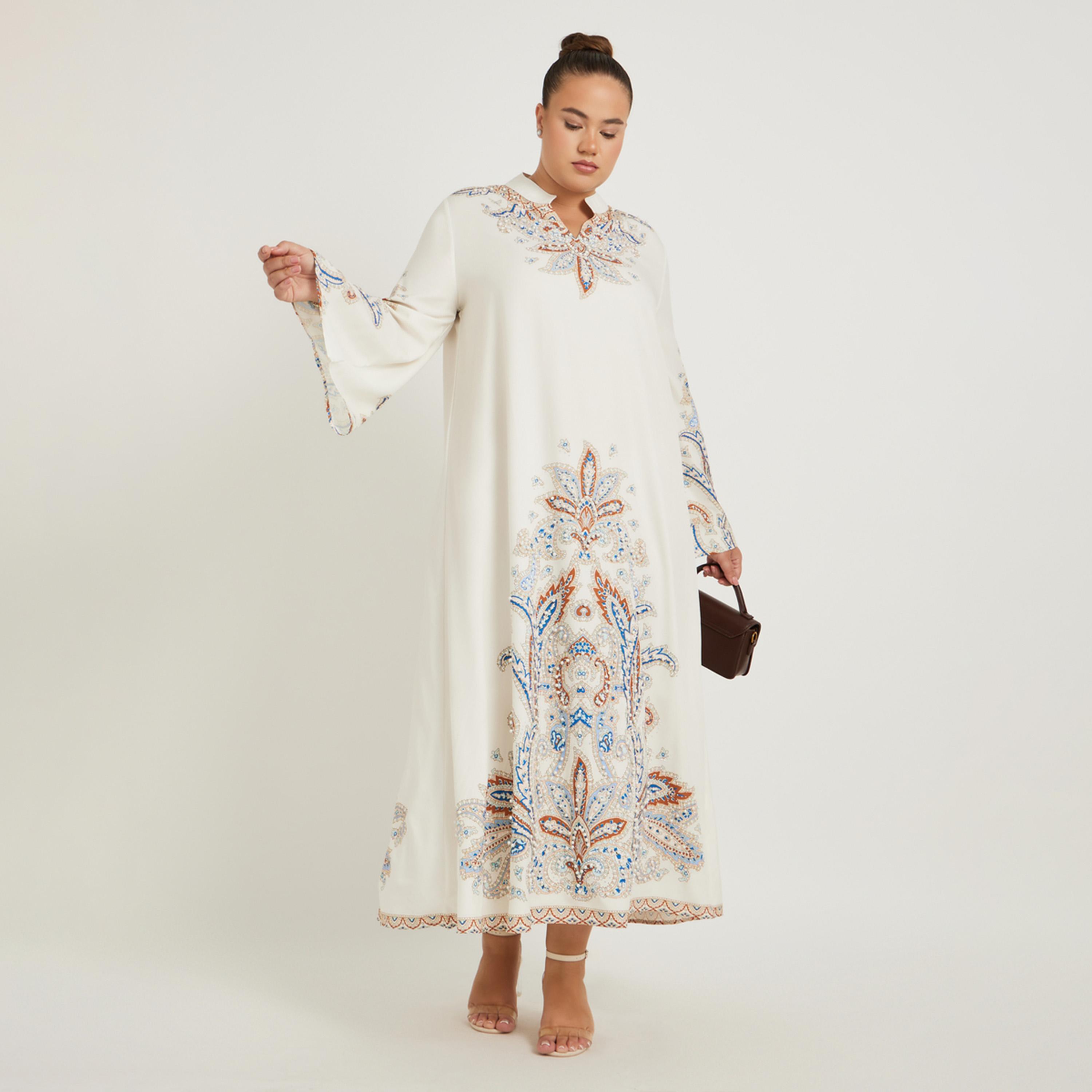 Amirah X Styli Plus Size Stand Collar Printed A-Line Jalabiya with Embellished Detail-women-arabicclothing-jalabiyas-image-1