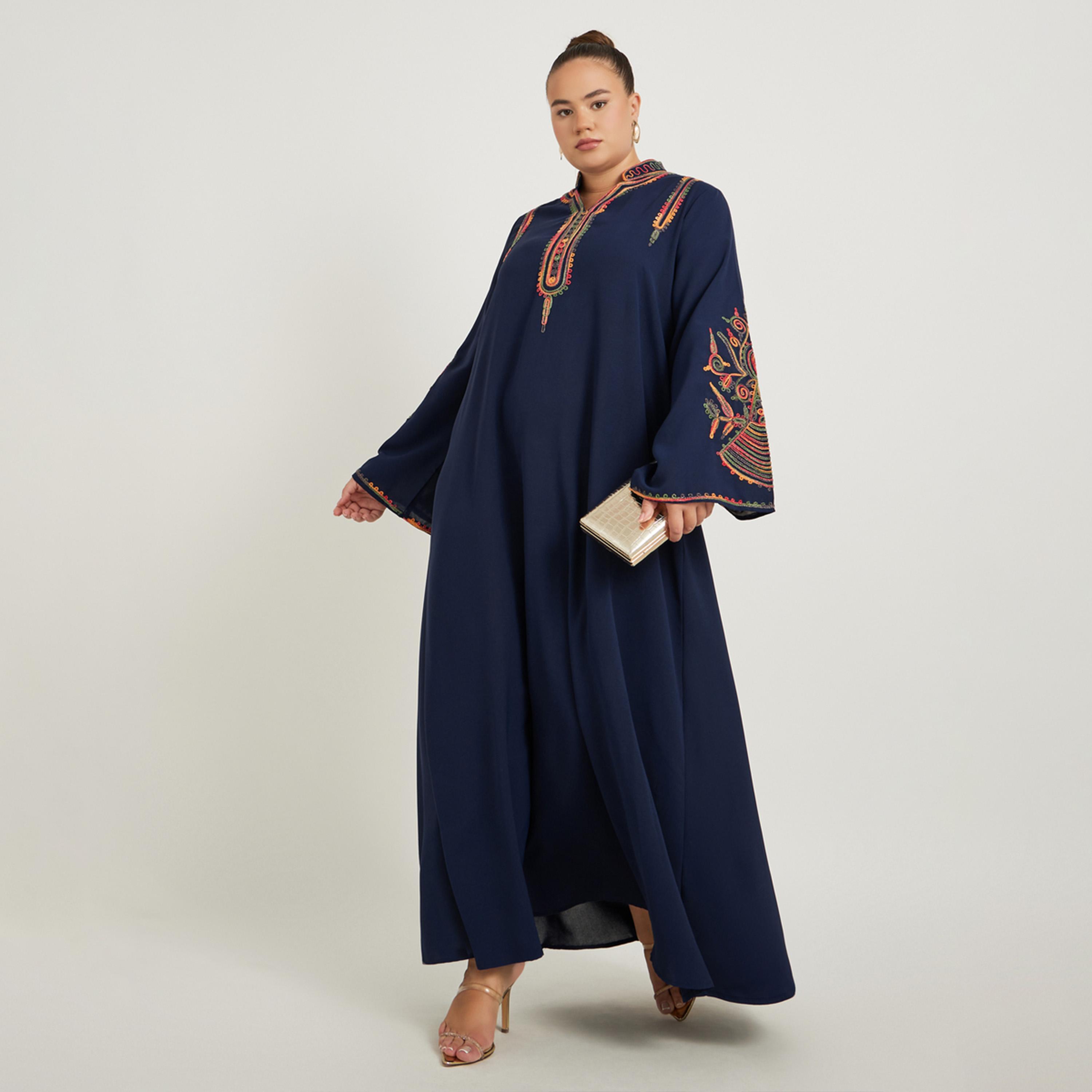 Amirah X Styli Plus Size Embroidered Stand Collar A-Line Jalabiya-women-arabicclothing-jalabiyas-image-1