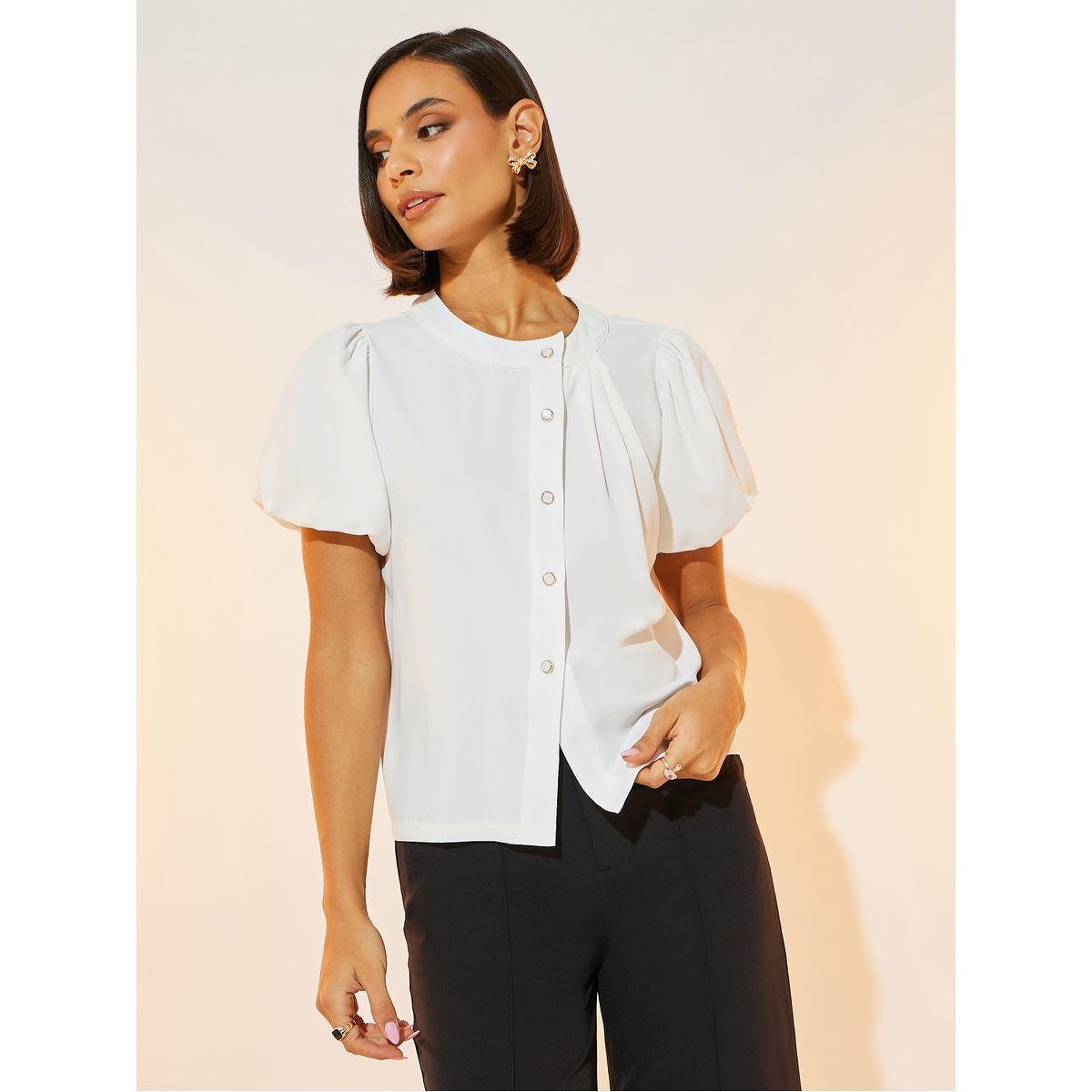 بلوزة بحافة غير متماثلة الطول وأكمام منفوخة-women-clothing-shirtsandblouses-shirts-image-1
