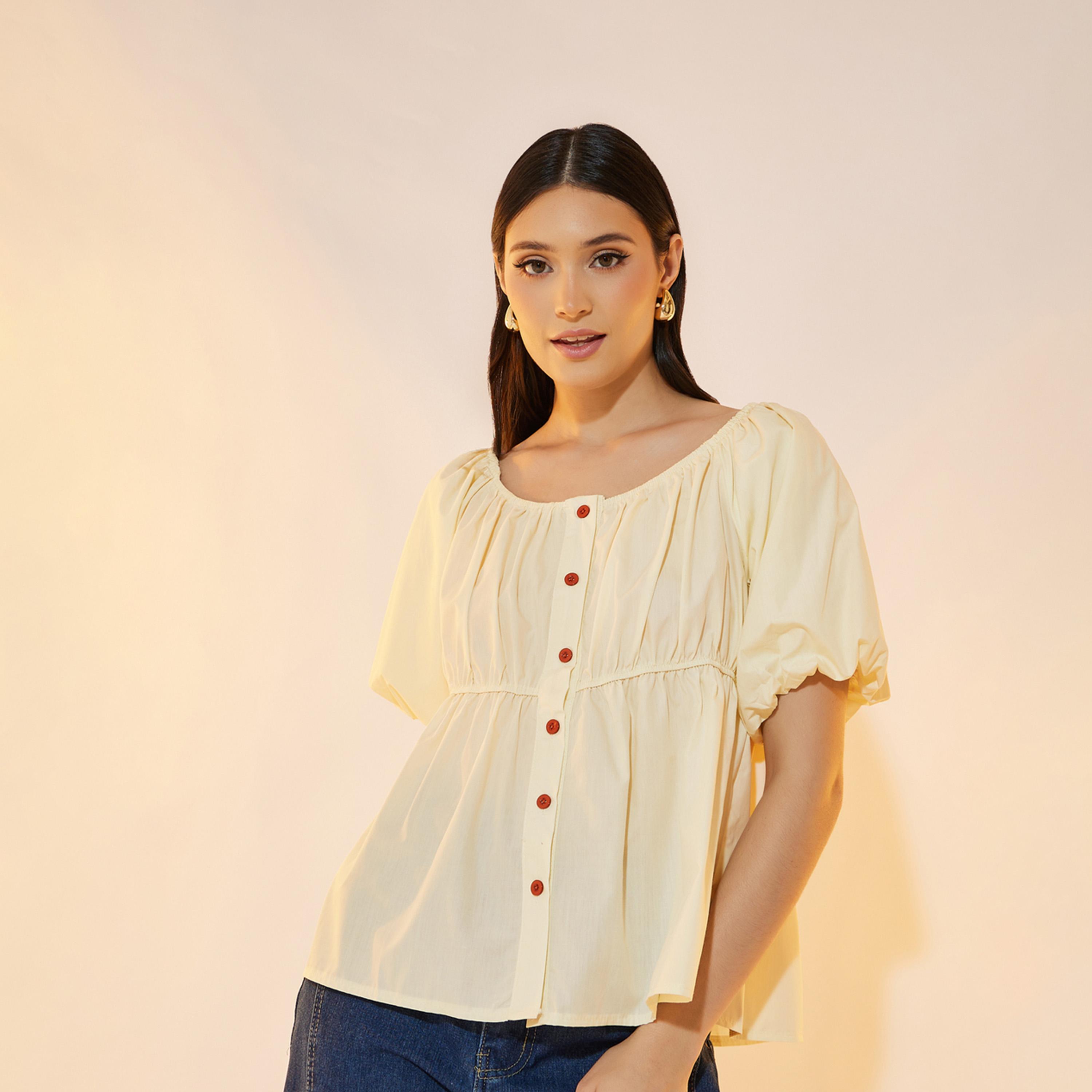 بلوزة سادة بياقة واسعة وأكمام منفوخة-women-clothing-shirtsandblouses-blouses-image-4