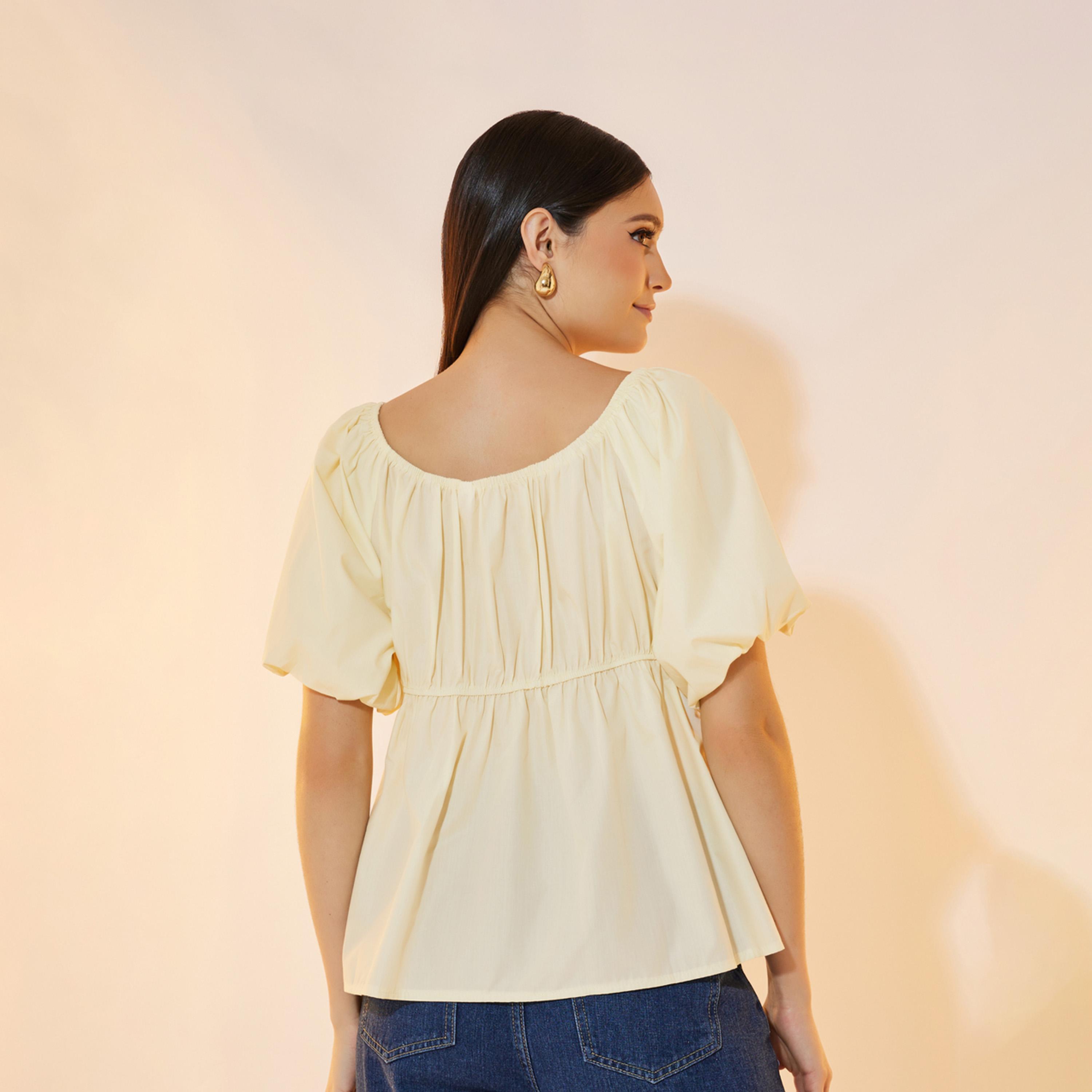 بلوزة سادة بياقة واسعة وأكمام منفوخة-women-clothing-shirtsandblouses-blouses-image-1