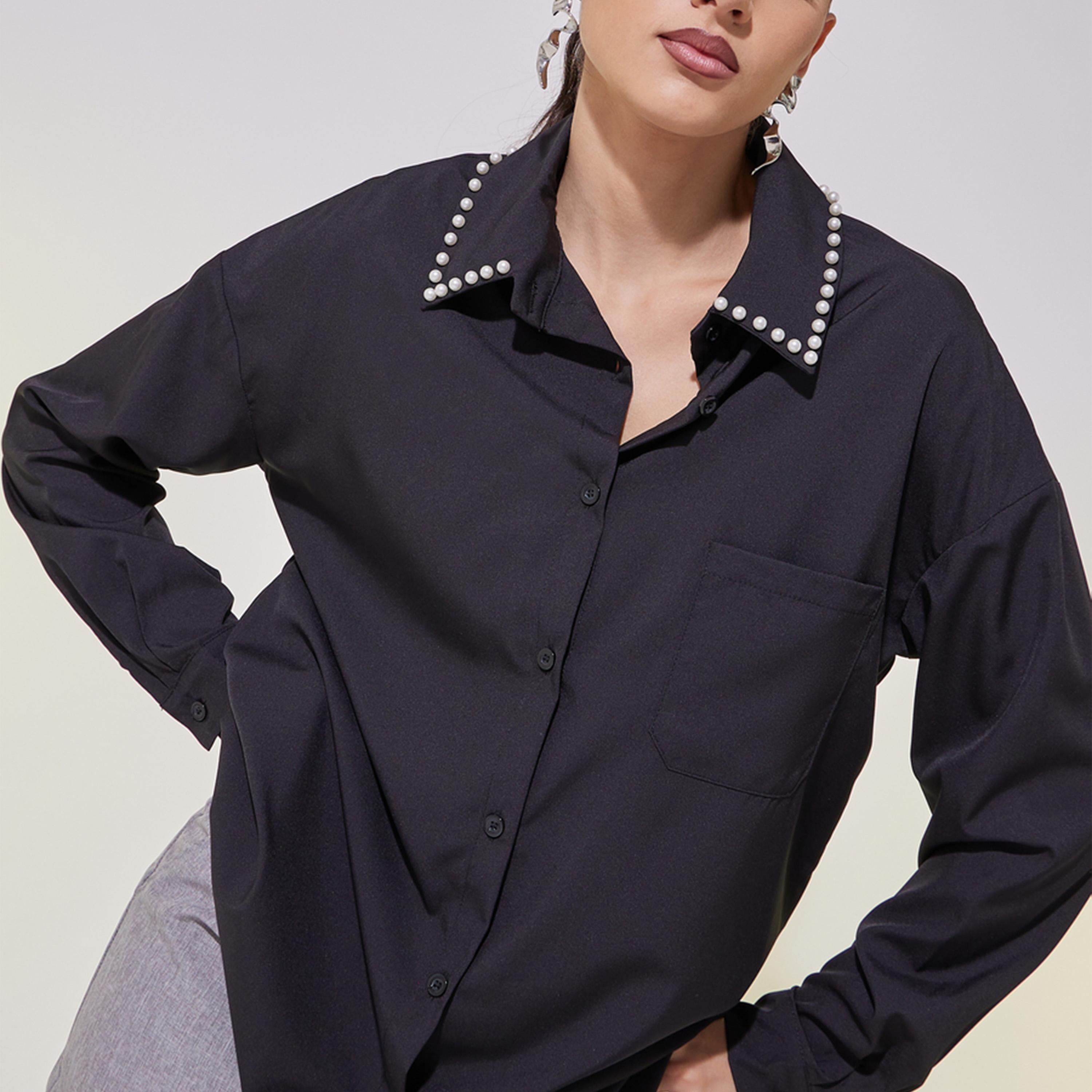 Take Two Faux Pearl Detail Long Sleeve Oversized Shirt-women-clothing-shirtsandblouses-shirts-image-1