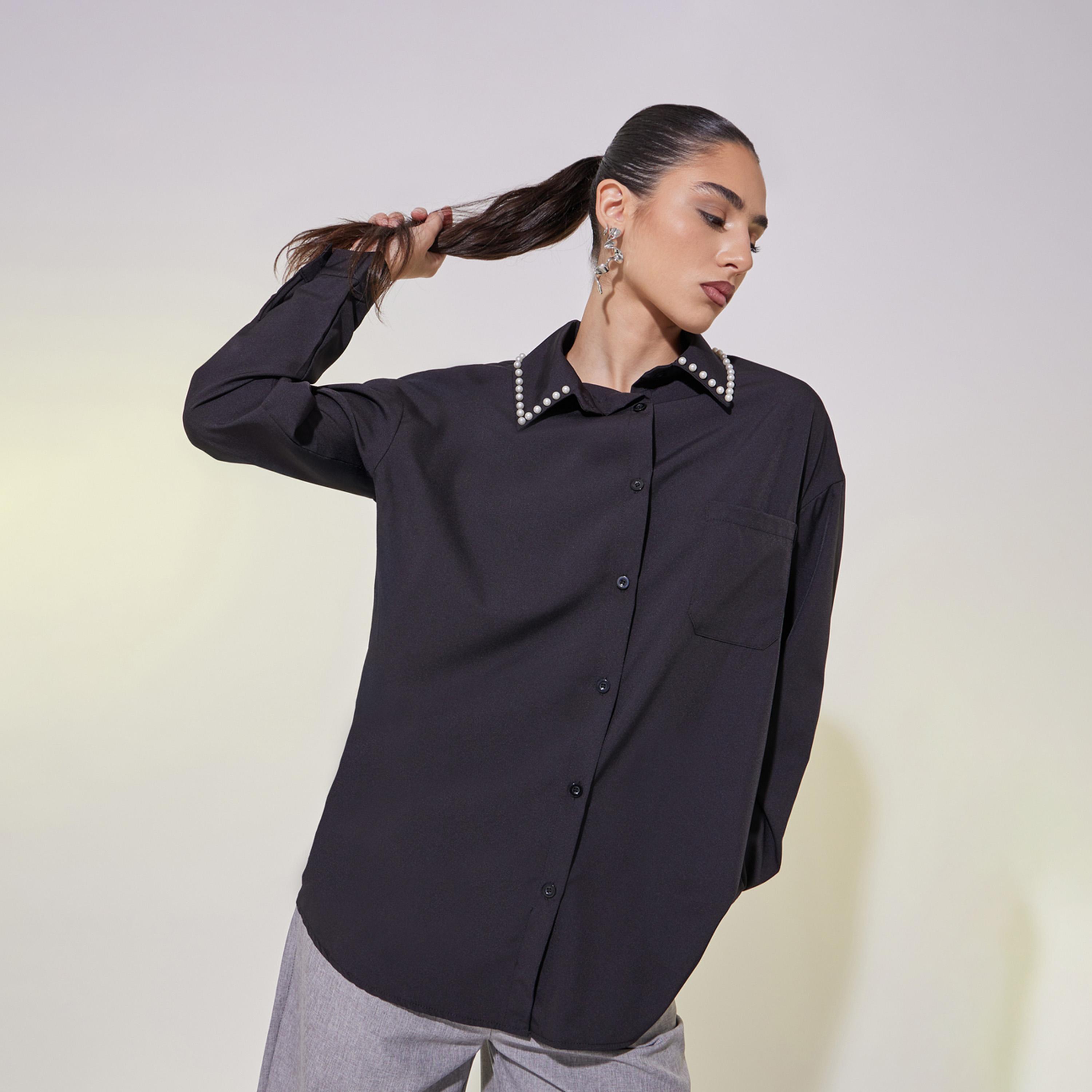 Take Two Faux Pearl Detail Long Sleeve Oversized Shirt-women-clothing-shirtsandblouses-shirts-image-2