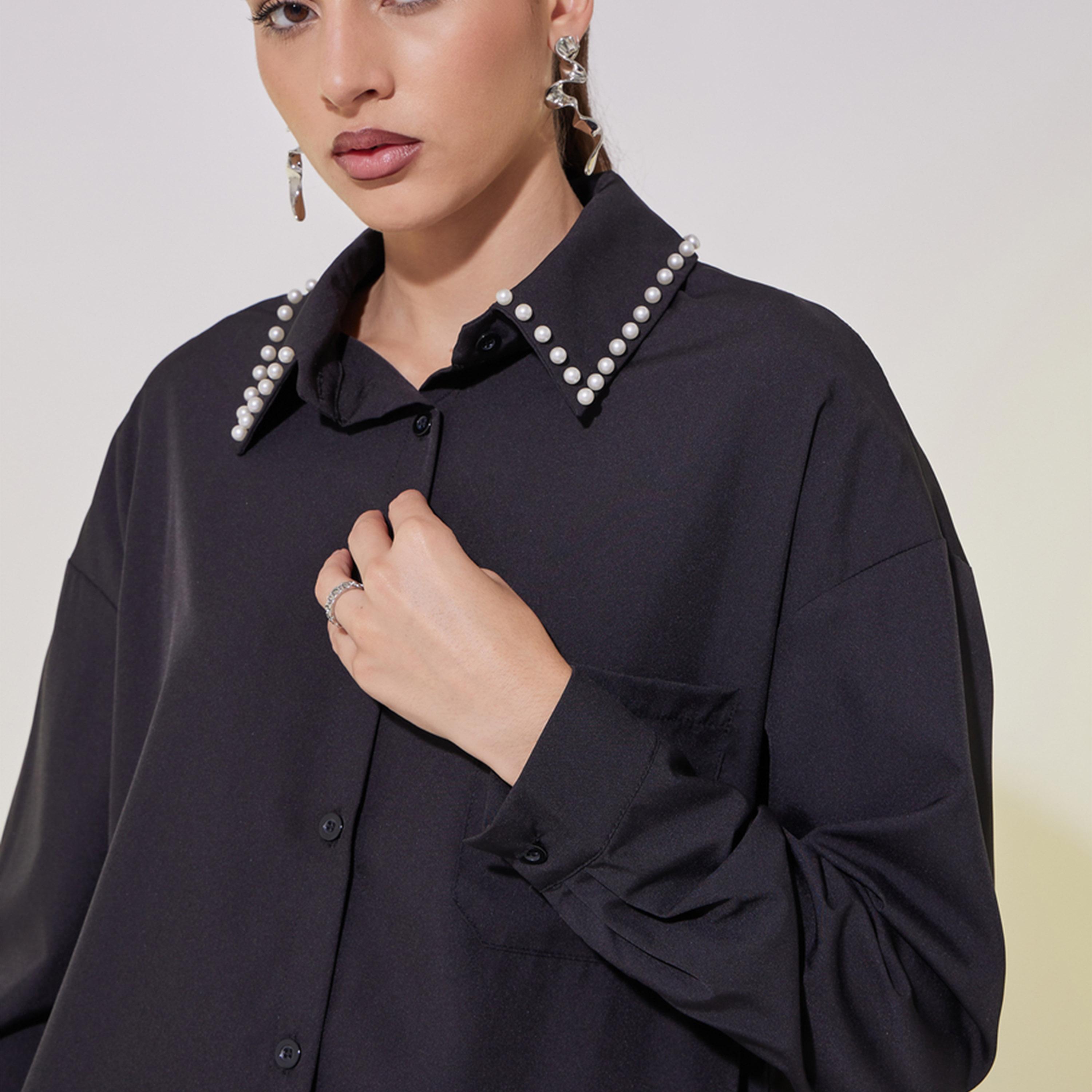 Take Two Faux Pearl Detail Long Sleeve Oversized Shirt-women-clothing-shirtsandblouses-shirts-image-4