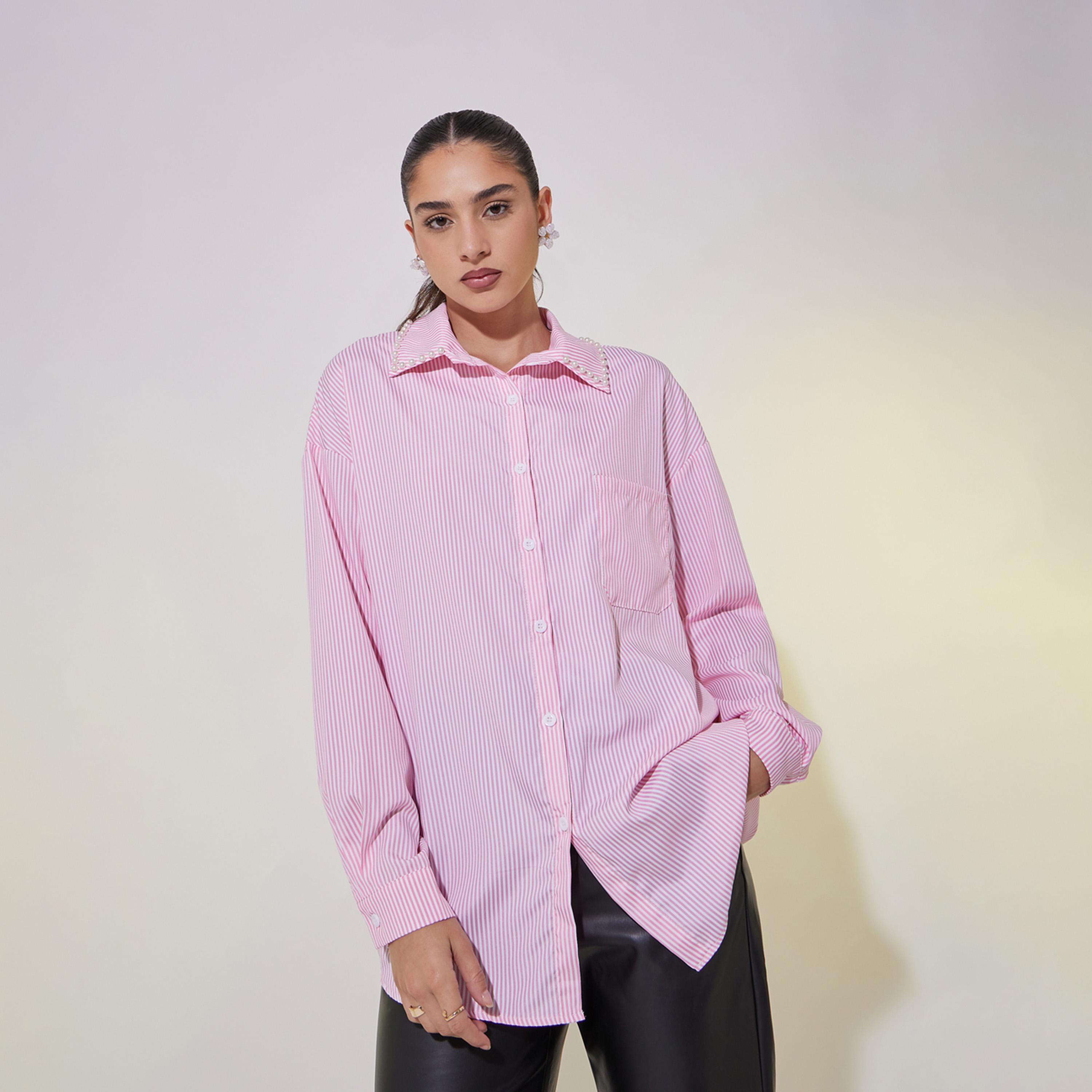 Take Two Faux Pearl Detail Long Sleeve Oversized Shirt-women-clothing-shirtsandblouses-shirts-image-2