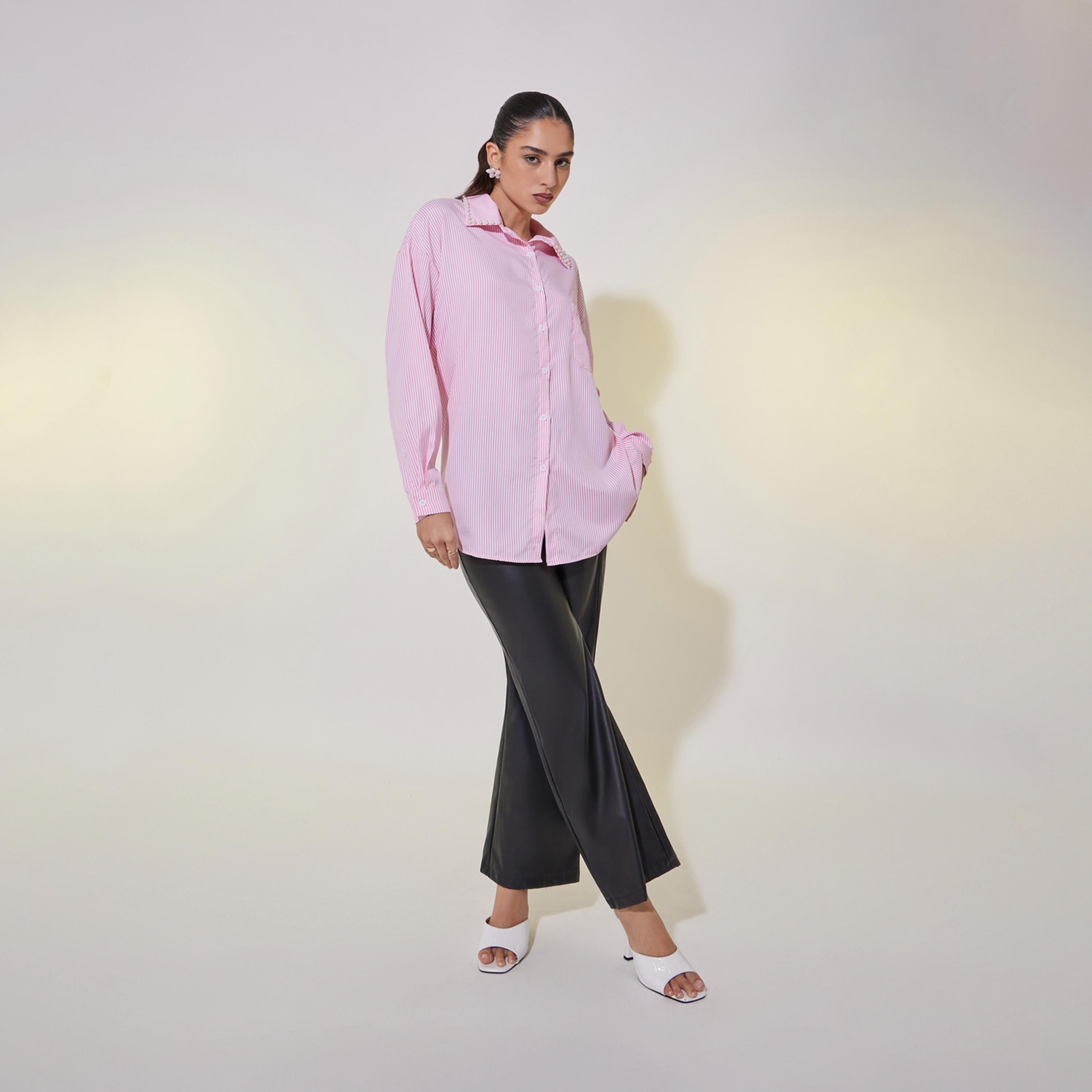 Take Two Faux Pearl Detail Long Sleeve Oversized Shirt-women-clothing-shirtsandblouses-shirts-image-3