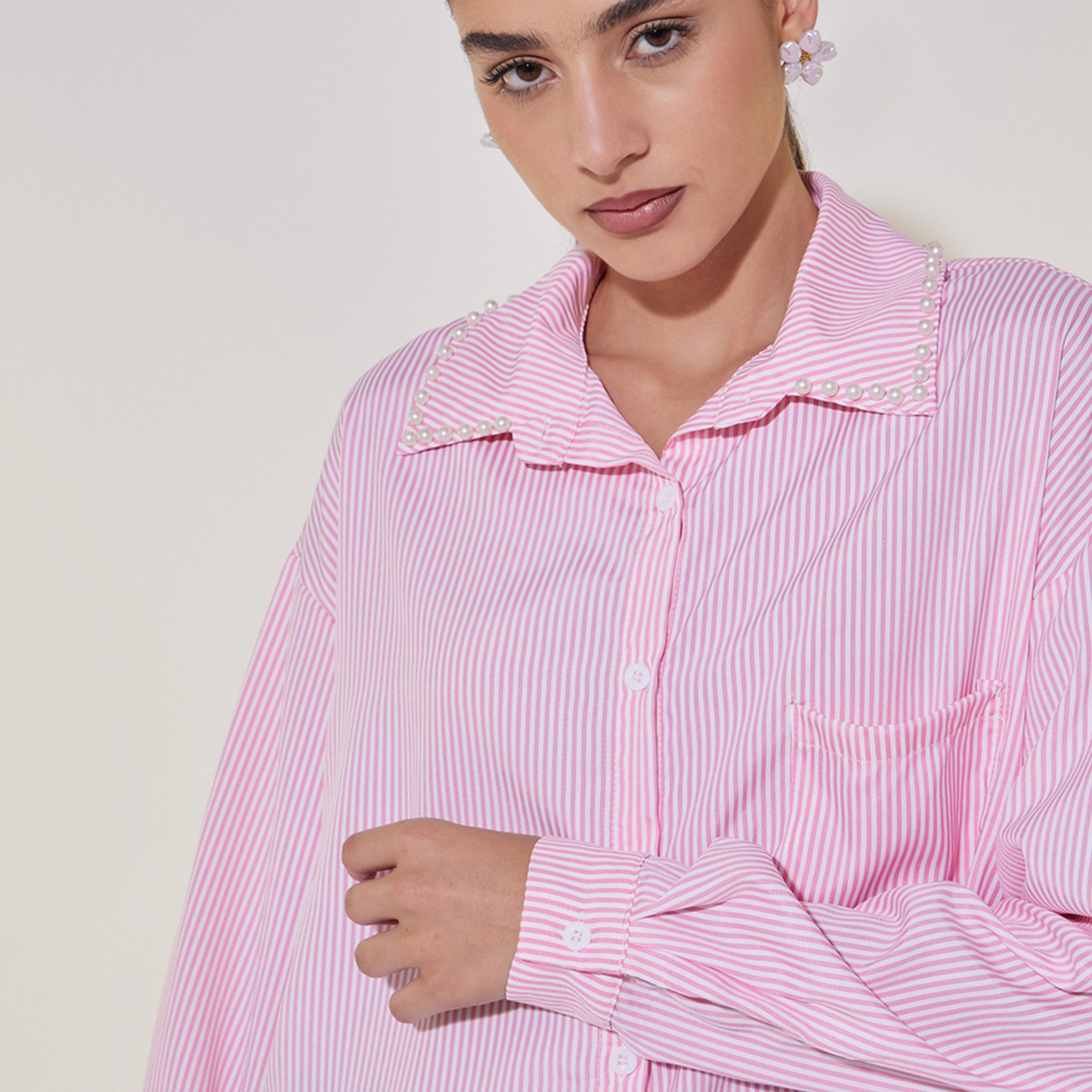 تيشيرت فضفاض مزين بلؤلؤ صناعي واكمام طويلة-women-clothing-shirtsandblouses-shirts-image-4