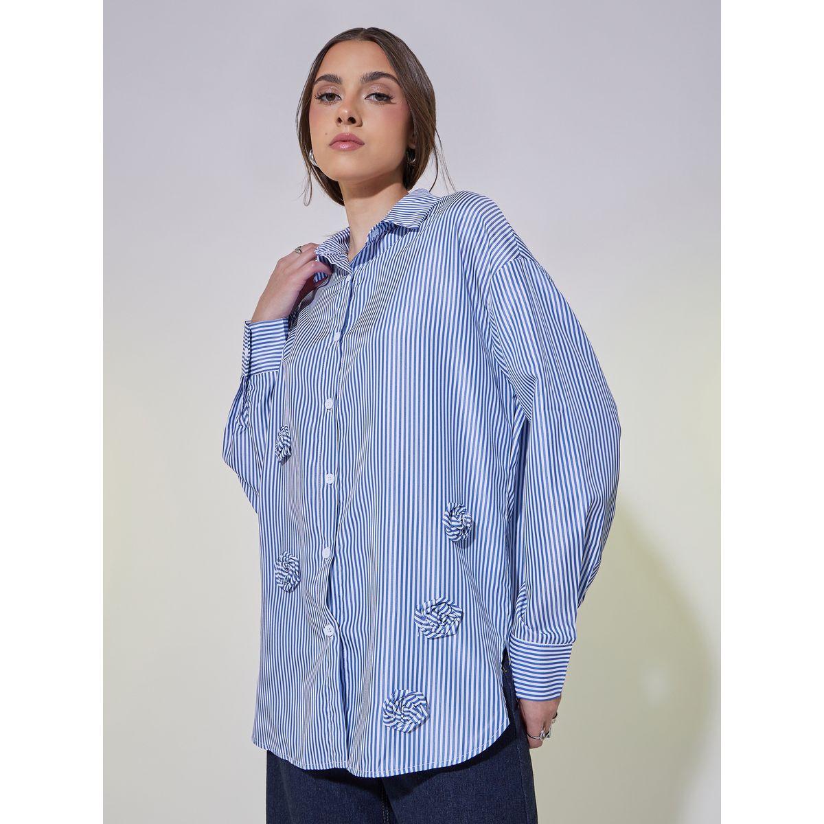 Take Two Striped Oversized Shirt with Corsage Detail-women-clothing-shirtsandblouses-shirts-image-1