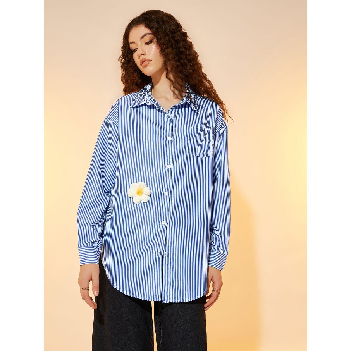 بلوزة مخططة بقصة فضفاضة مع زهرة-women-clothing-shirtsandblouses-shirts-image-1
