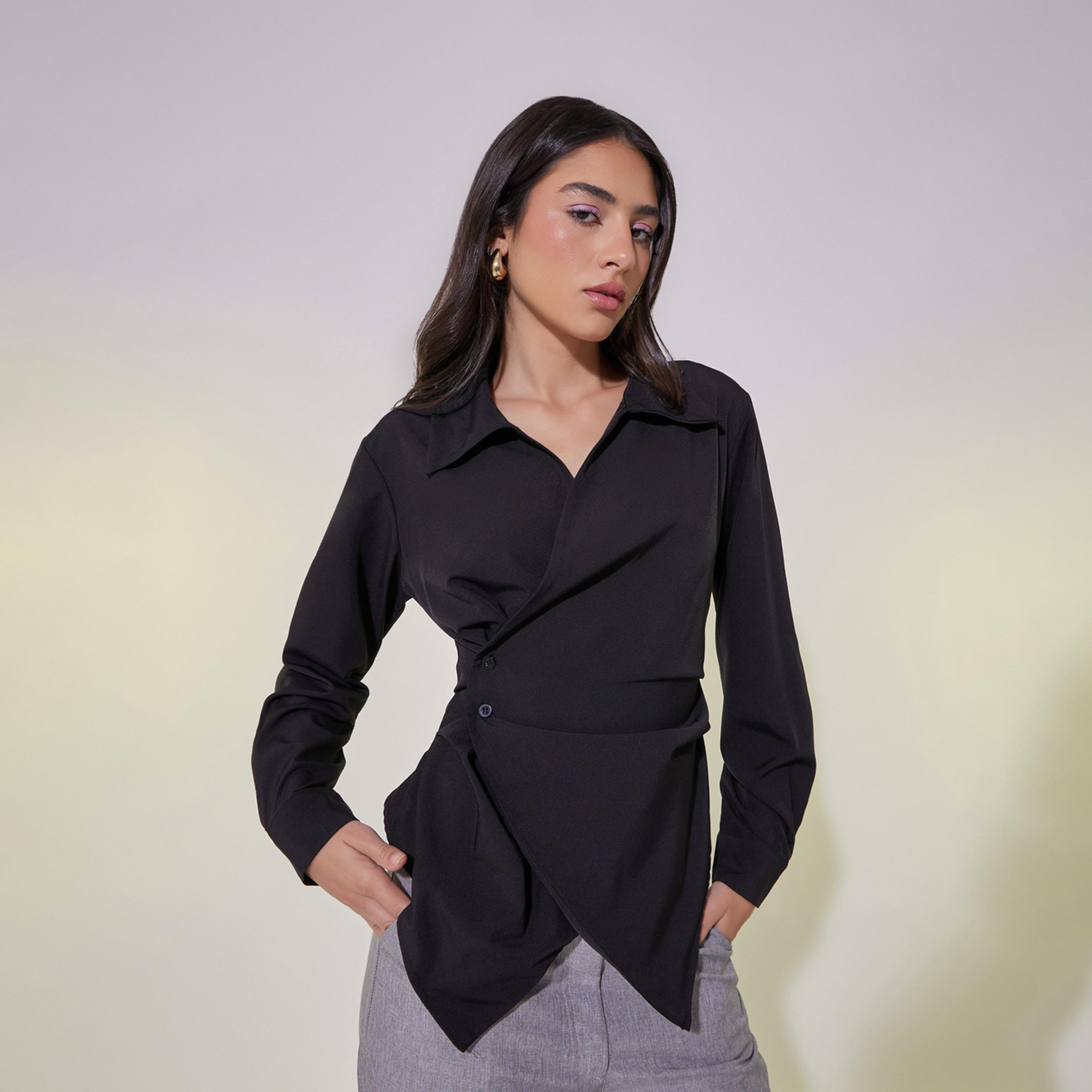 Take Two Solid Long Sleeve Wrap Top with Button Detail-women-clothing-shirtsandblouses-blouses-image-1