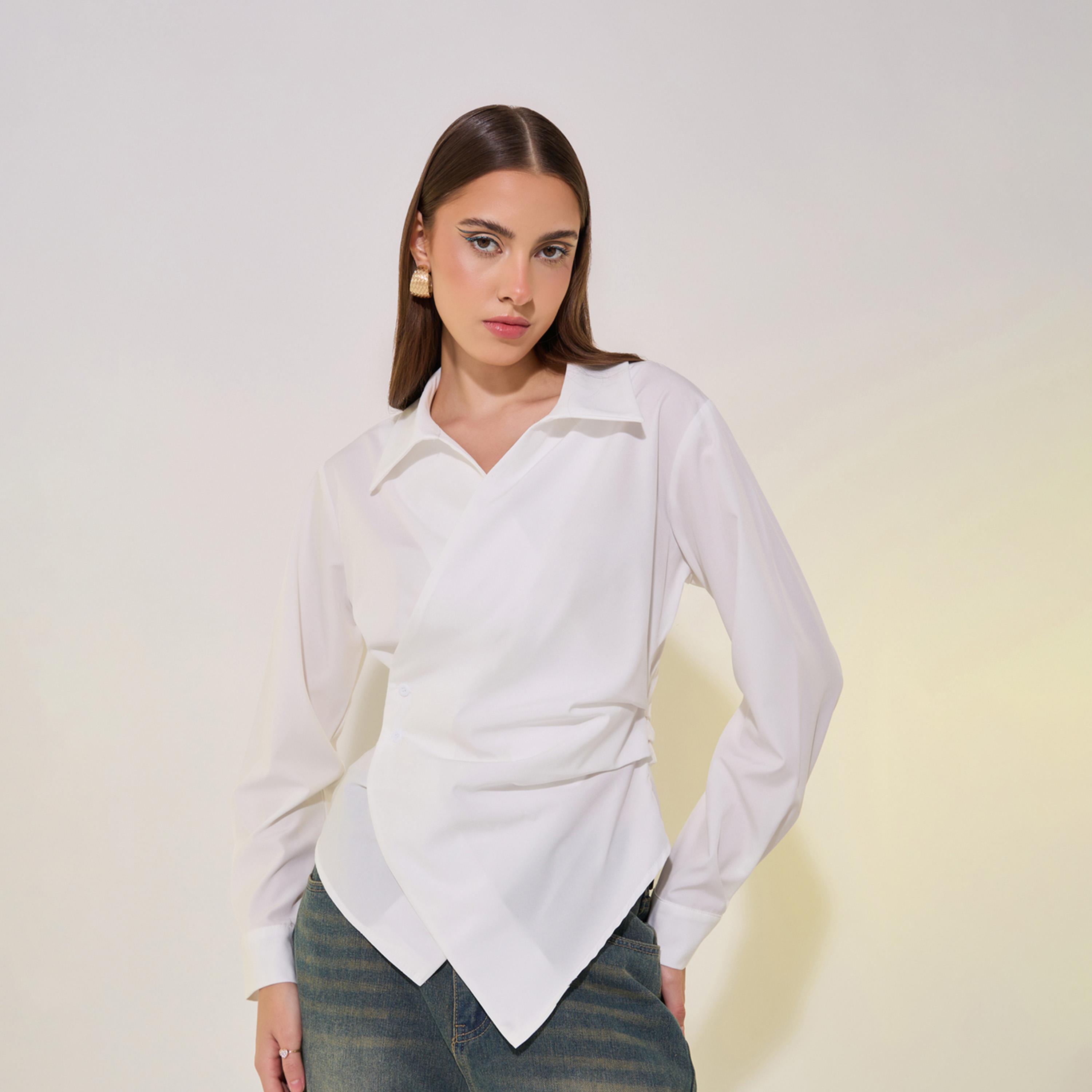 Take Two Solid Asymmetric Hem Collared Wrap Top-women-clothing-shirtsandblouses-blouses-image-1